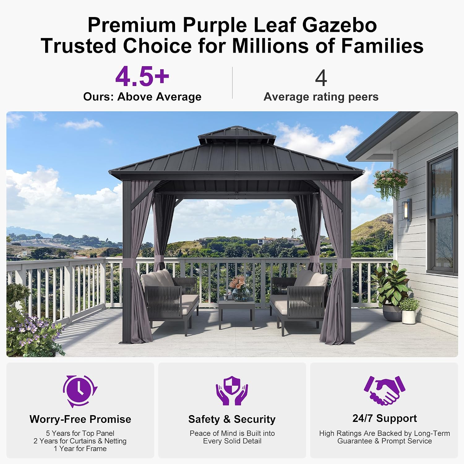 PURPLE LEAF 10' X 10' Hardtop Gazebo Permanent Gazebo with Galvanized Steel Double Roof for Patio Lawn Garden Aluminum with Netting and Curtains Grey