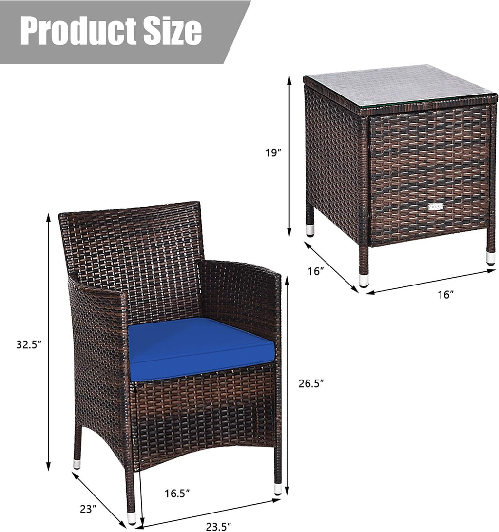 DORTALA Wicker Patio Furniture Set 3 Piece, Small Outdoor Table & Chairs Set with Cushions, All-Weather Rattan Conversation Bistro Set for Balcony, Porch, Backyard, Deck, Navy