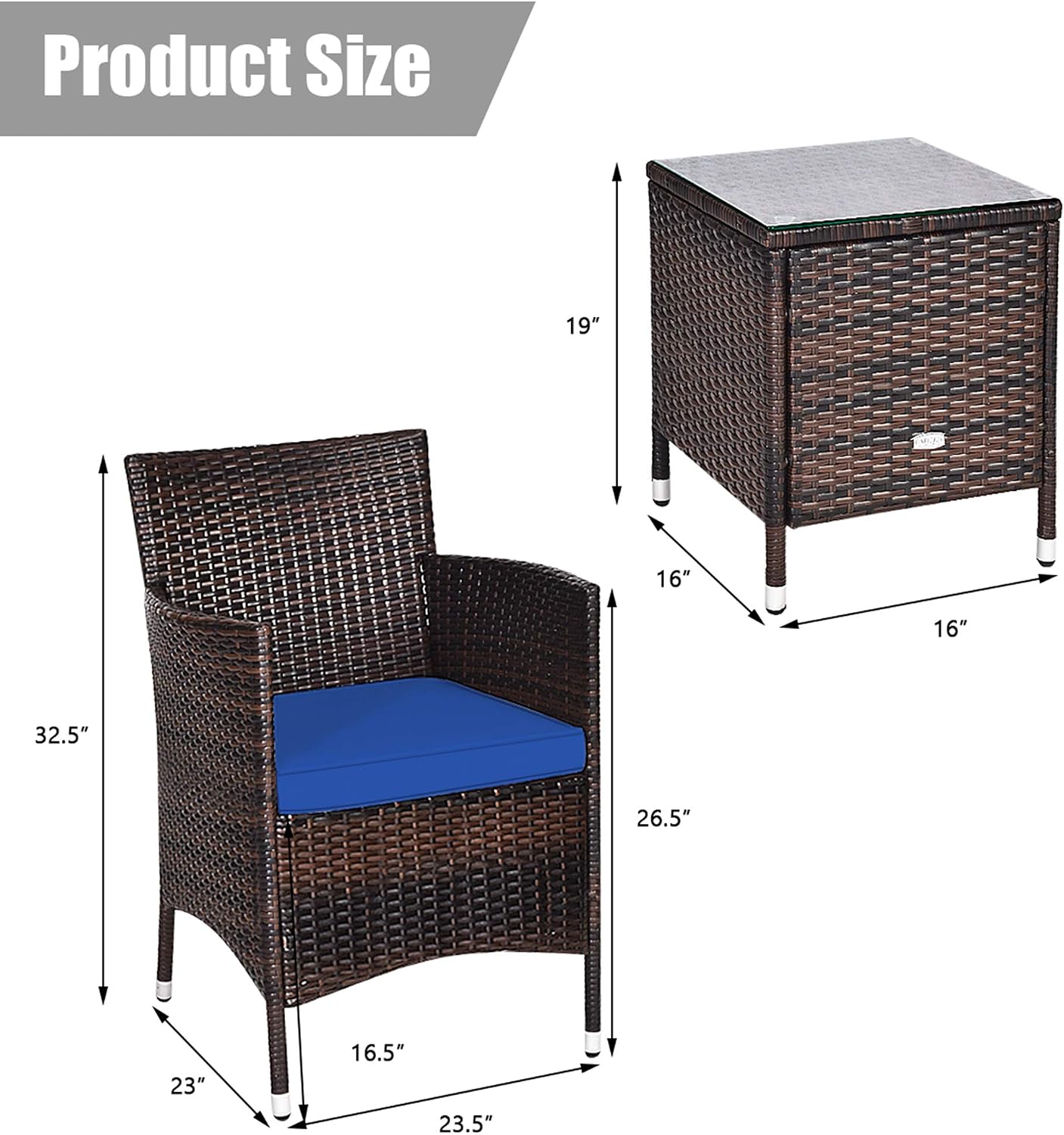 DORTALA Wicker Patio Furniture Set 3 Piece, Small Outdoor Table & Chairs Set with Cushions, All-Weather Rattan Conversation Bistro Set for Balcony, Porch, Backyard, Deck, Navy