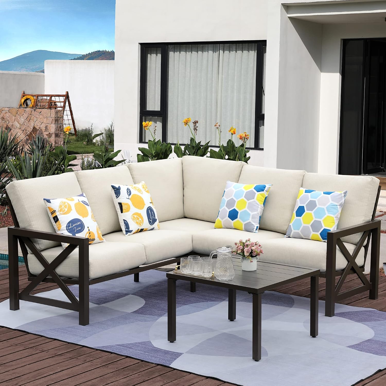 NATURAL EXPRESSIONS 6 Pieces Patio Furniture Sets, Metal Outdoor Sectional Furniture L Shape Patio Conversation Sets,Highback Frame,Metal Table,Large Waterproof Cover, 6.5' Olefin Cushions