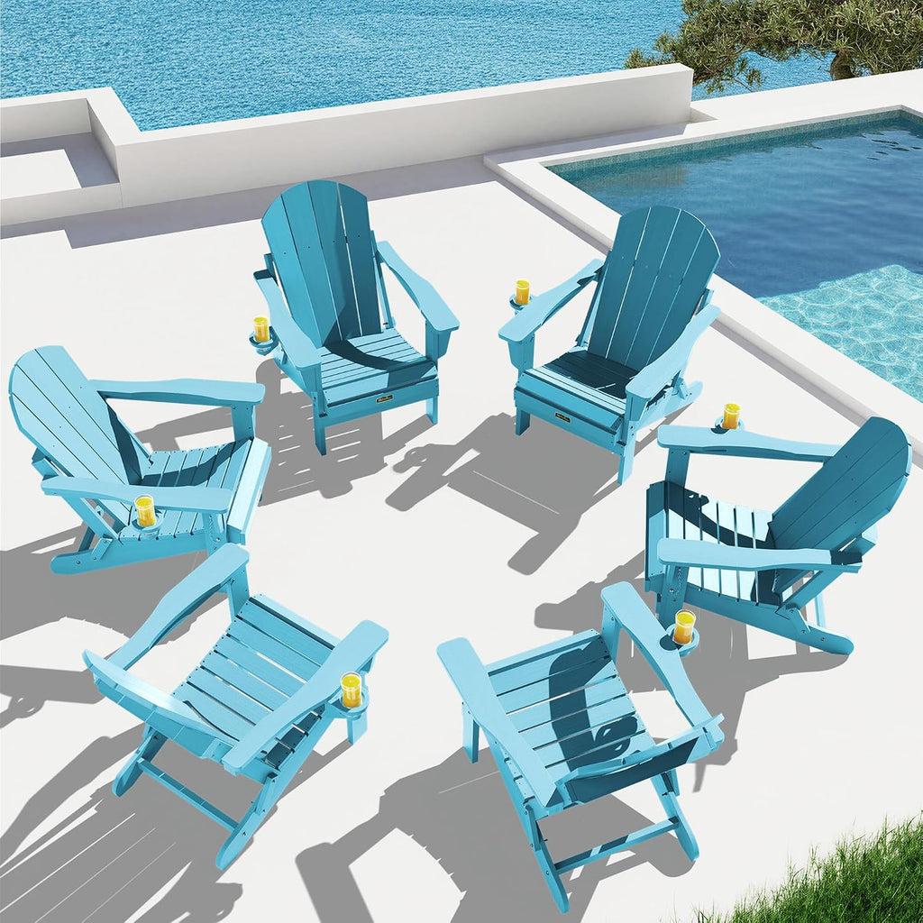 SERWALL Folding Adirondack Chair with Cup Holder Outdoor Adirondack Chairs Weather Resistant Patio Chair Fire Pit Chairs - Light Blue
