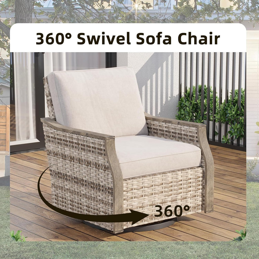 MELLCOM 4 Pieces Outdoor Patio Furniture Set with Swivel Chairs, All Weather Rattan Wicker Patio Conversation Set with 3-Seater Sofa, Coffee Table for Patio, Balcony, Porch, Deck