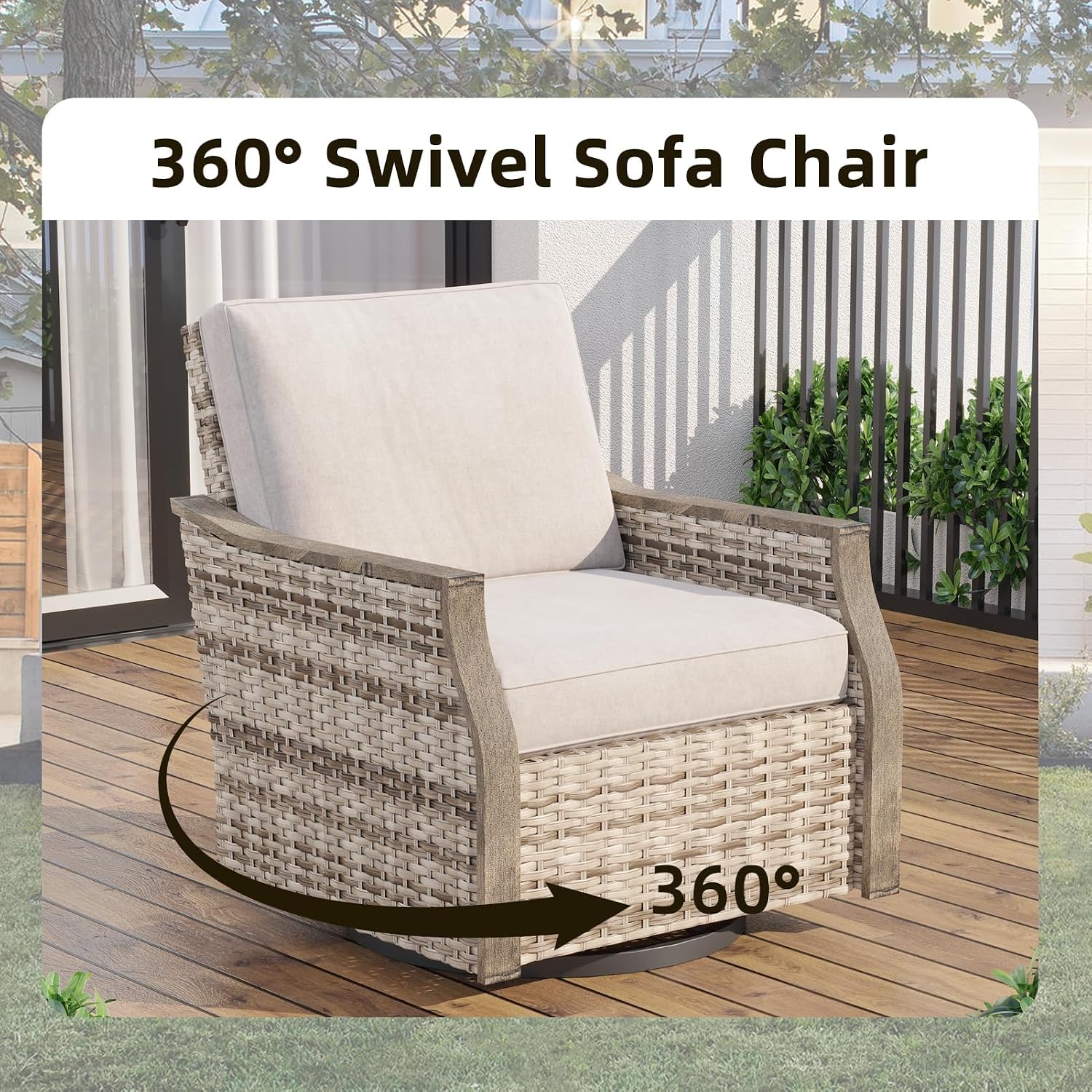 MELLCOM 4 Pieces Outdoor Patio Furniture Set with Swivel Chairs, All Weather Rattan Wicker Patio Conversation Set with 3-Seater Sofa, Coffee Table for Patio, Balcony, Porch, Deck