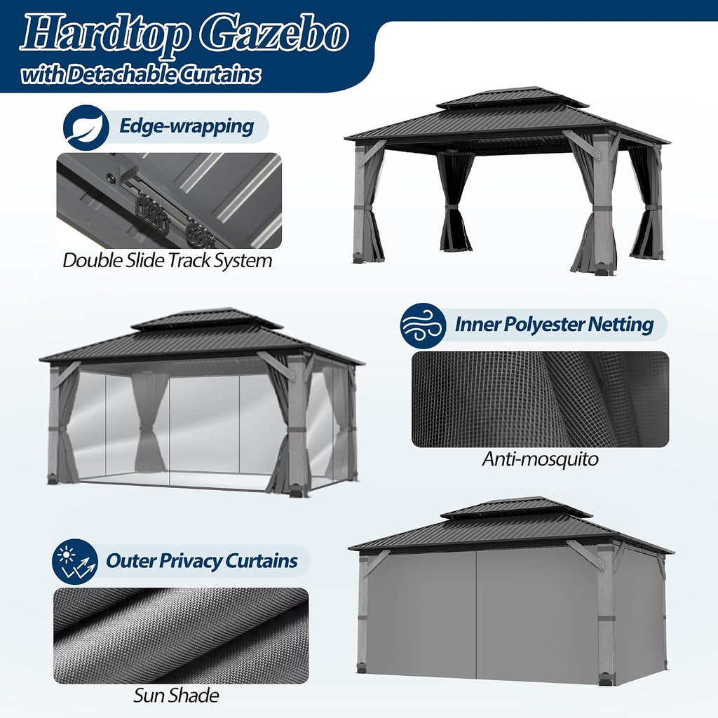 COVERONICS 12'x16' Outdoor Wood Gazebo - Hardtop Wooden Gazebo with Galvanized Steel Roof, Heavy-Duty Pavilion with Netting & Curtains for Garden, Poolside, Deck, Backyard