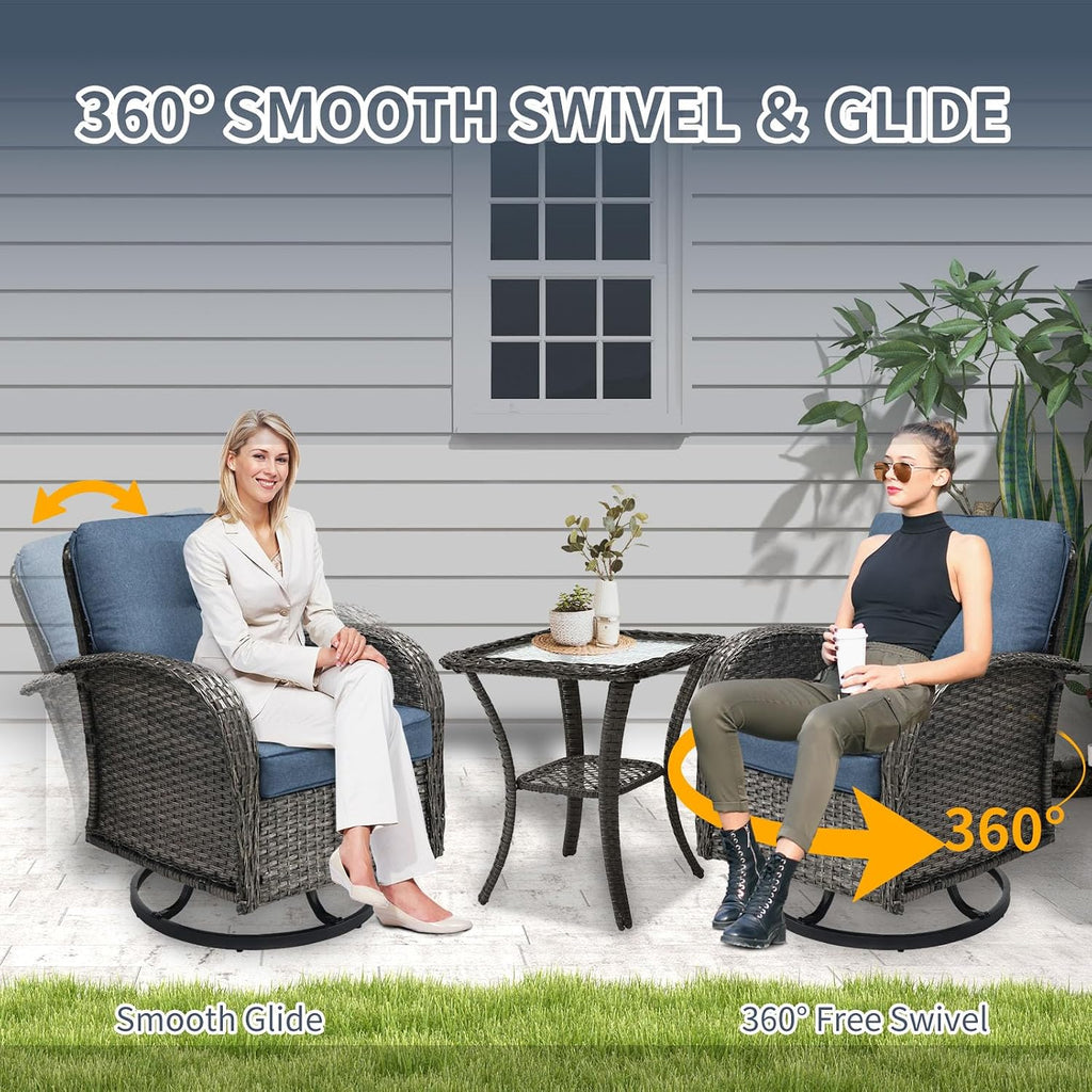 SHGJ&SOFT 3 Piece Patio Furniture Set, 2 Outdoor Swivel Rocking Chairs with Side Table, Wicker Glider Chairs, All-Weather Rattan Bistro Set for Porch, Deck, Pool (Blue, Grey Full-Weave Rattan)