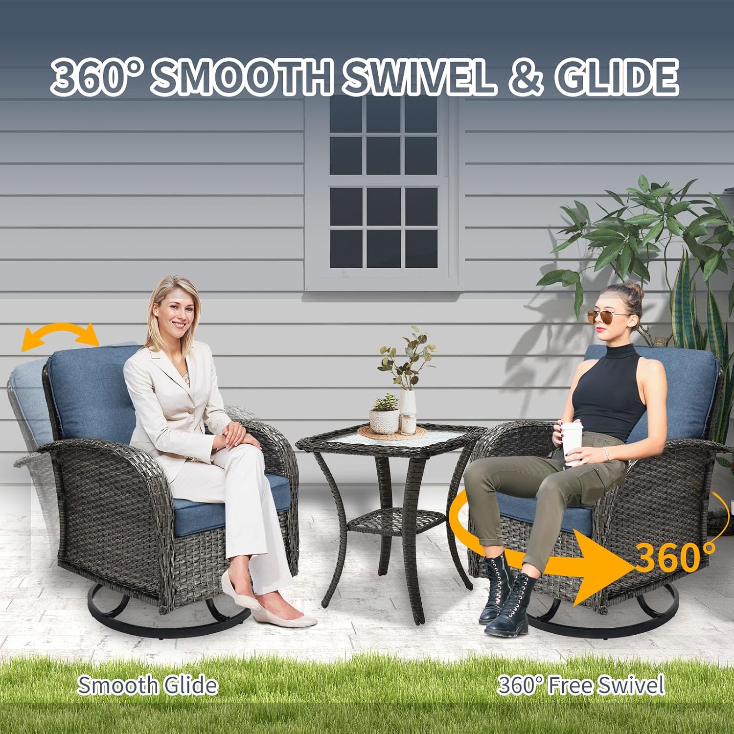 SHGJ&SOFT 3 Piece Patio Furniture Set, 2 Outdoor Swivel Rocking Chairs with Side Table, Wicker Glider Chairs, All-Weather Rattan Bistro Set for Porch, Deck, Pool (Blue, Grey Full-Weave Rattan)