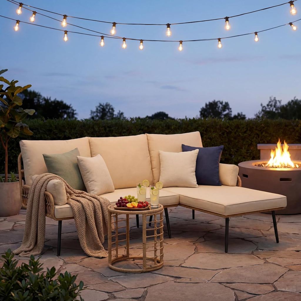 Gizoon 3-Piece Outdoor Patio Furniture Set, All-Weather PE Wicker L-Shaped Conversation Sofa with Thick Cushions & Glass Table, for Backyard, Porch, Balcony, Poolside (Beige)