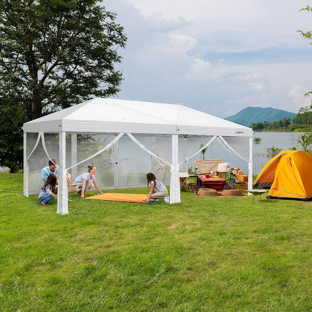 VINGLI 10x20 Pop Up Canopy with Sidewalls Carry Bag Easy Up Canopy Tent with Nettings, Screened in Gazebo for Camping Screened Canopy (White, 10x20)