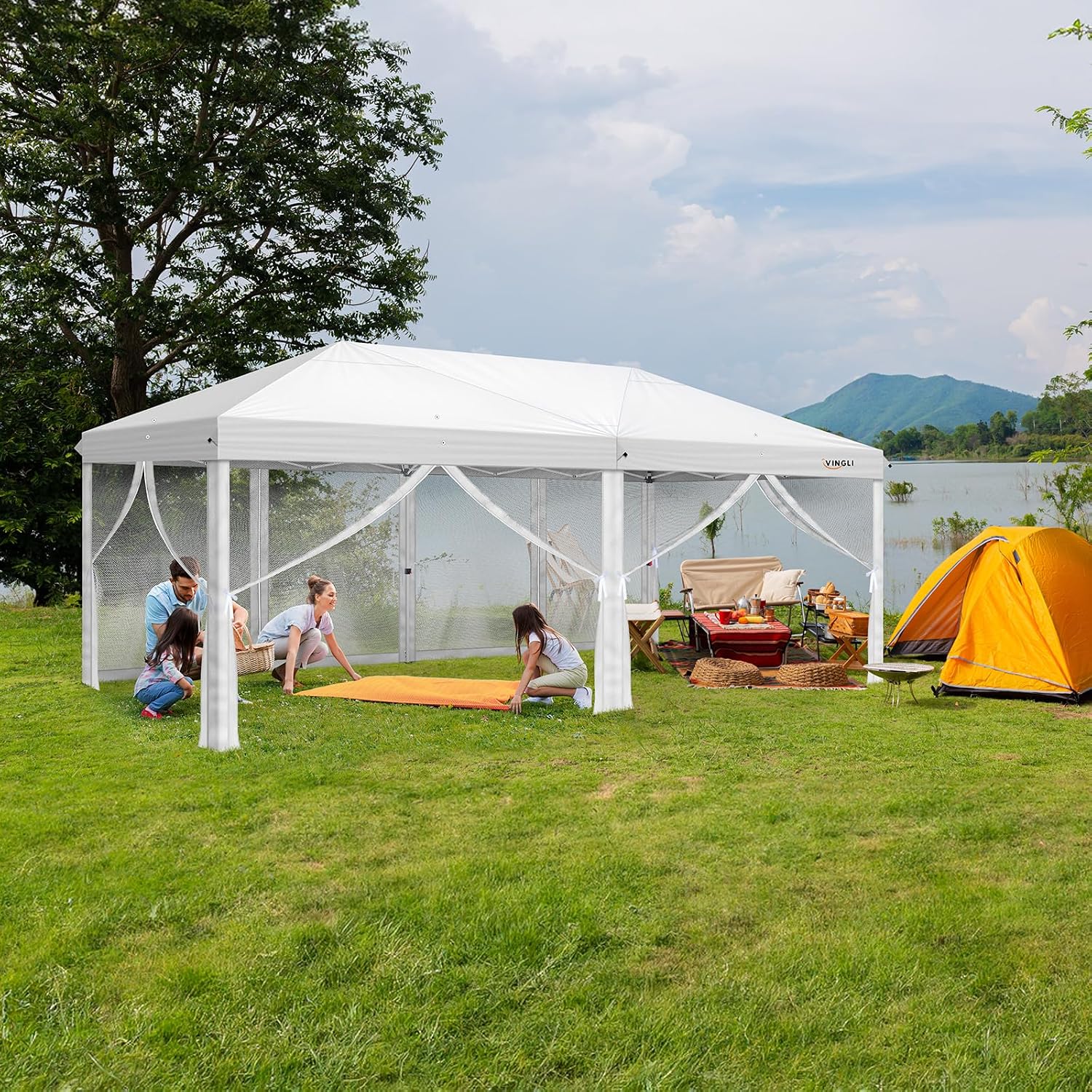 VINGLI 10x20 Pop Up Canopy with Sidewalls Carry Bag Easy Up Canopy Tent with Nettings, Screened in Gazebo for Camping Screened Canopy (White, 10x20)