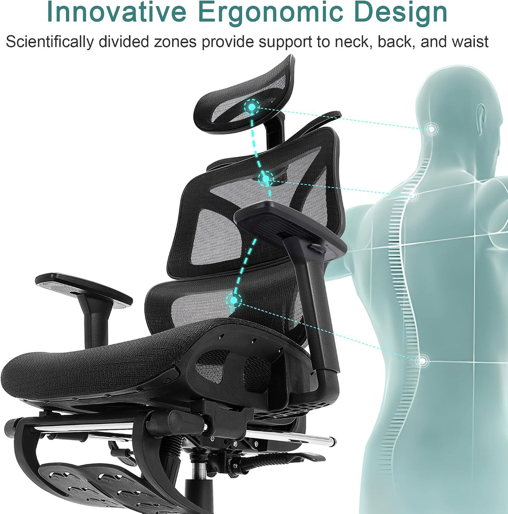 VECELO Swivel Ergonomic High Back Mesh Office Chair with Retractable Footrest, Adjustable Backrest, Tilt Function, 3D Armrests & Headrest, Lumbar Support for Executive/Computer Desk/Task Work, Black