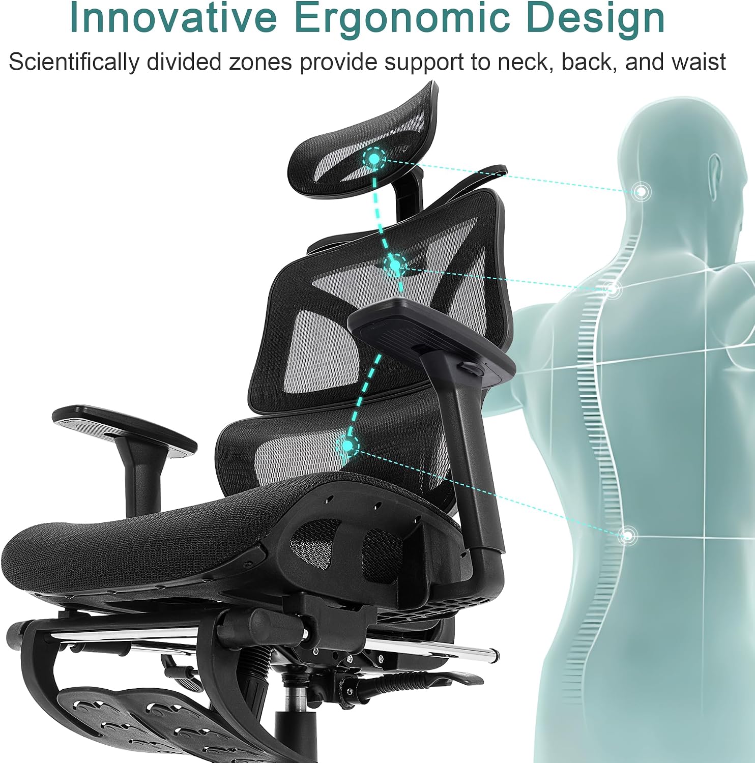 VECELO Swivel Ergonomic High Back Mesh Office Chair with Retractable Footrest, Adjustable Backrest, Tilt Function, 3D Armrests & Headrest, Lumbar Support for Executive/Computer Desk/Task Work, Black