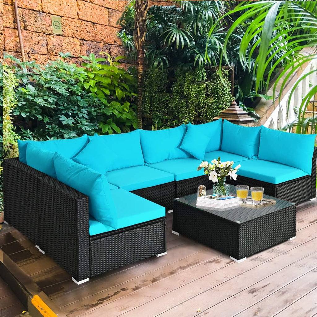 COSTWAY 7 Pieces Patio Furniture Set, Outdoor Rattan Conversation Set with 6 Seats, Coffee Tea Table, Soft Cushions, Wicker Patio Sectional Sofa for Garden Balcony Porch Poolside, Turquoise