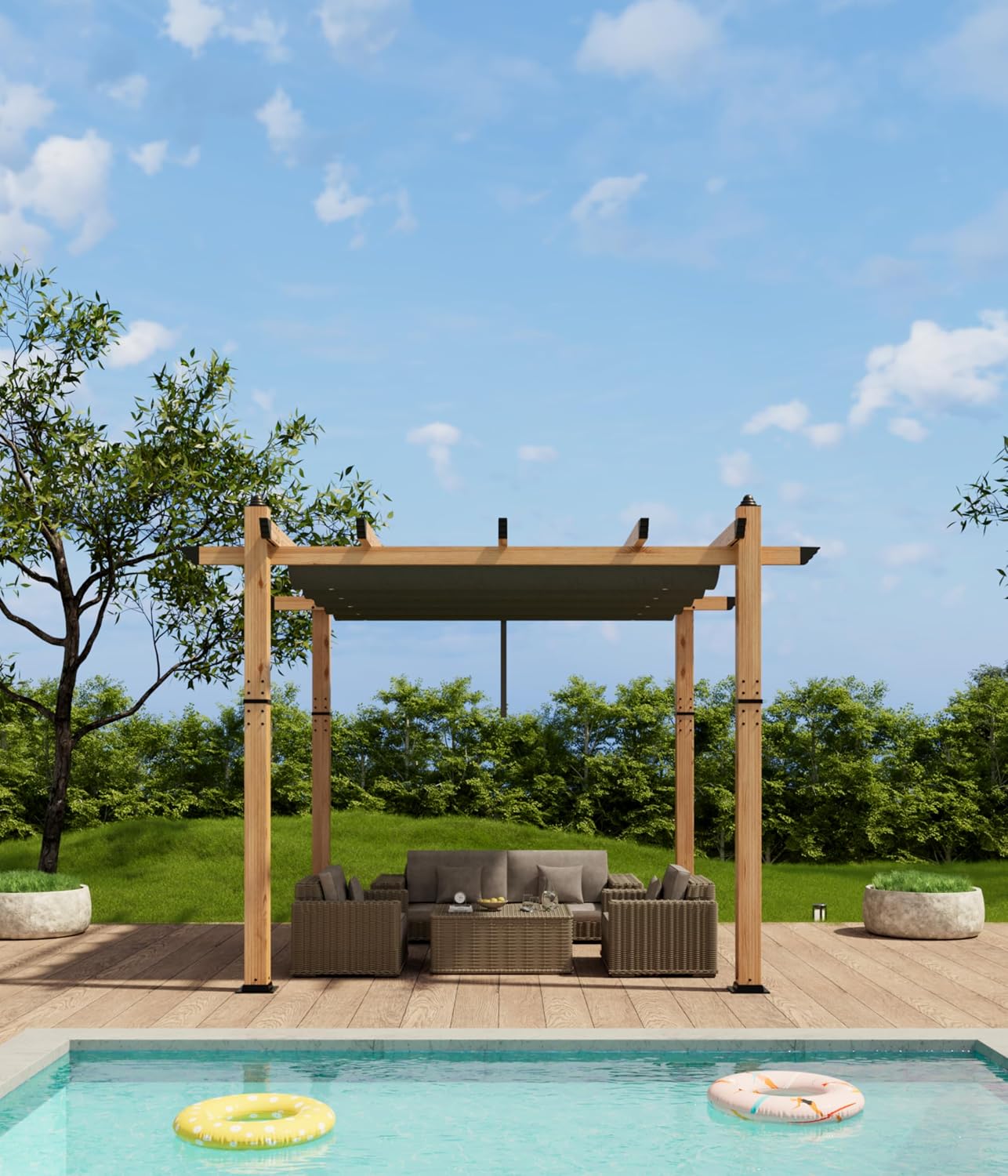 10' X 10' Outdoor Pergola with Retractable Canopy Aluminum Pergola Faux Wood Metal Pergolas Shelter for Backyard, Deck, Patio, Garden Porch Beach Sun Shade Pavilion Grape Trellis Grill, Gray