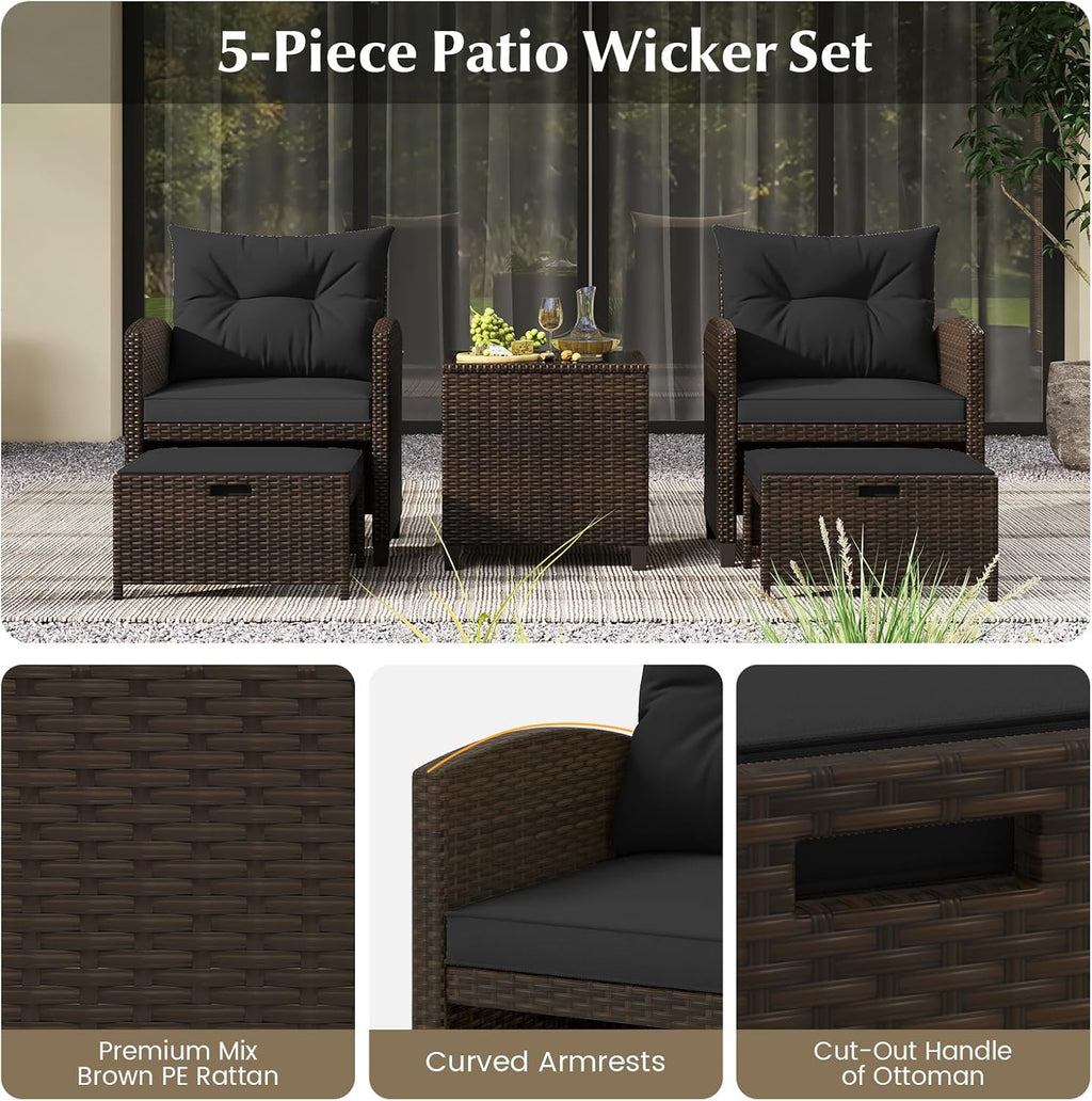 KOTEK 5 Pieces Patio Furniture Set with Ottomans, Wicker Patio Conversation Set with Coffee Table & Cushions, PE Rattan Outdoor Lounge Chairs for Backyard, Porch, Poolside (Mix Brown- Black)