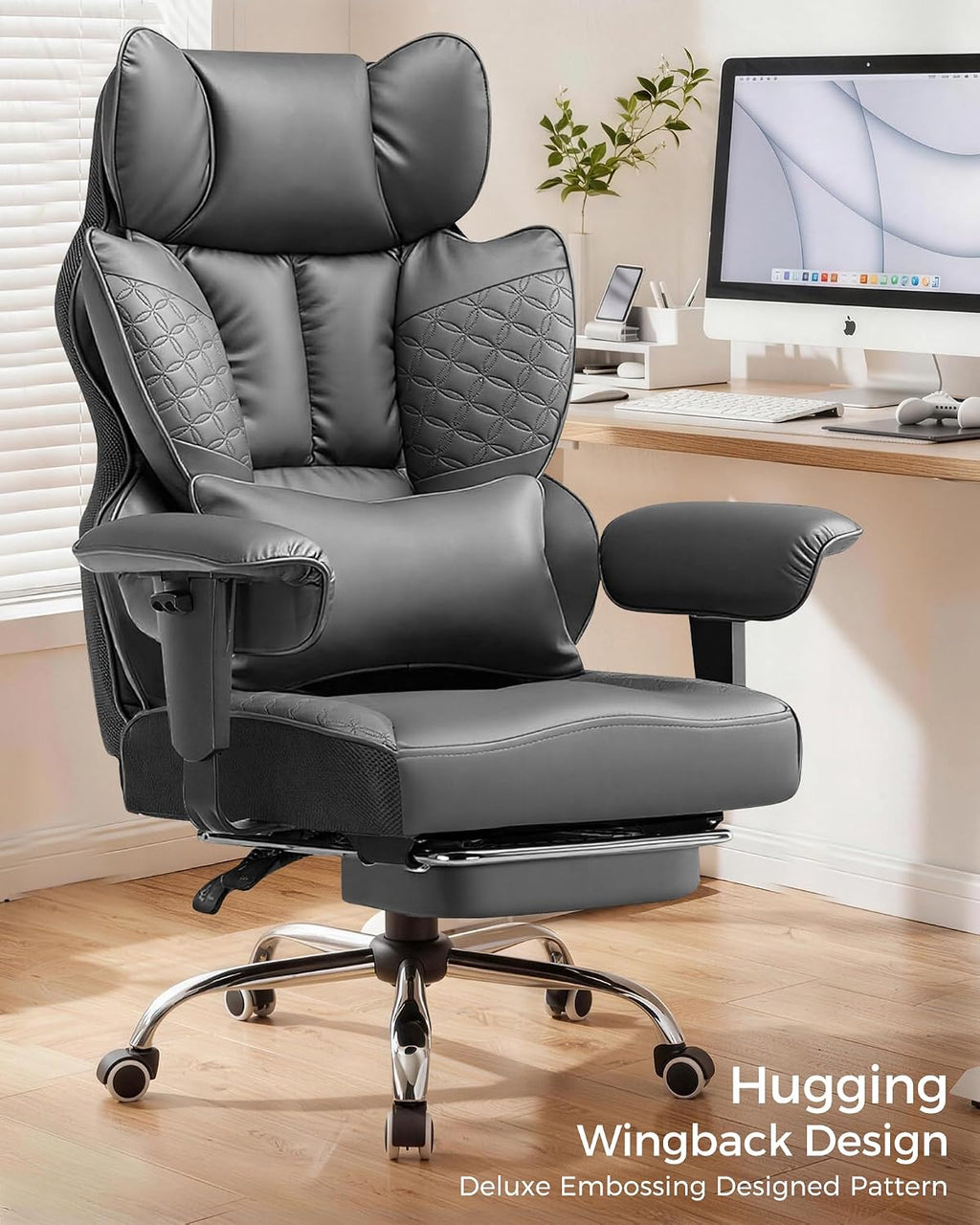 COMHOMA Big and Tall Office Chair Heavy Duty Gaming Chair with Deluxe Embossing Leather High Back Wider Ergonomic Computer Chair with Foot Rest 150°Reclining Pocket Spring Lumbar Support
