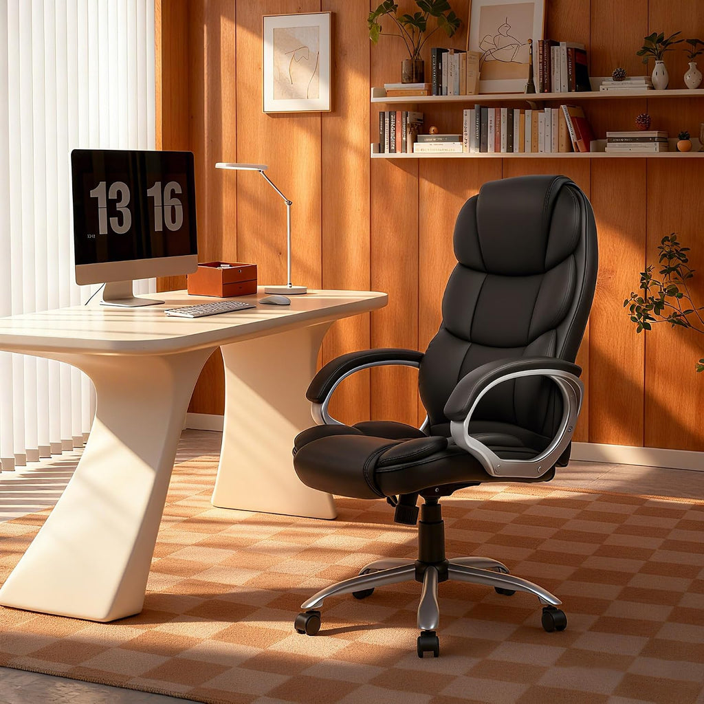 FDW Office Chair Computer High Back Adjustable Ergonomic Desk Chair Executive PU Leather Swivel Task Chair with Armrests Lumbar Support (Dark Black)