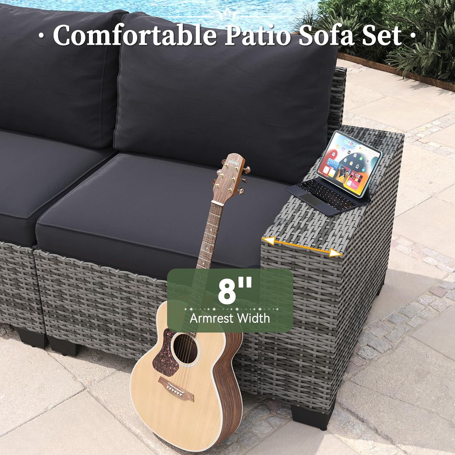 Aoxun 6 Piece Patio Furniture Set with Wide Armrests Wicker Rattan Outdoor Sectional Sofa Set with Coffee Table and Thickened Cushions, Grey/Black(Waterproof Cover Included)
