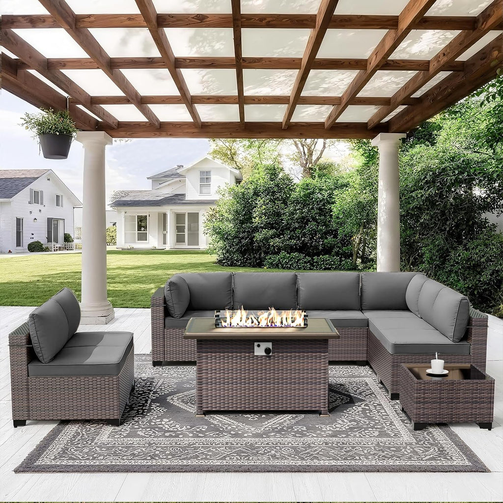 ALAULM 10 Pieces Patio Furniture Set with Propane Fire Pit Table Outdoor Sectional Sofa Sets Patio Furniture 43' Gas Fire Pit Brown PE Rattan Patio Conversation Set w/8 Seat Cushions (Grey)