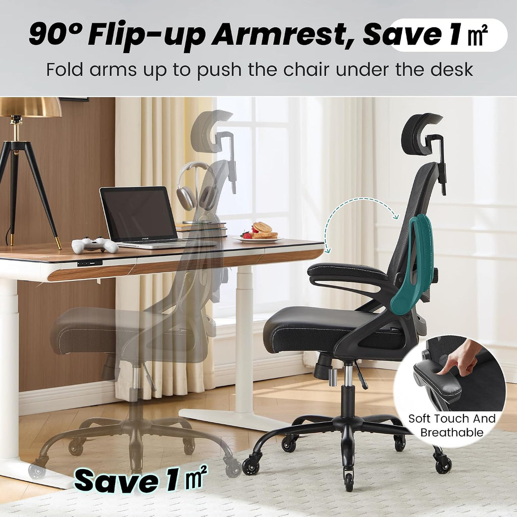 Fizzin Office Chair, Ergonomic Office Chair with Adjustable Headrest Lumbar Support Computer Chair, Desk Chair Comfy with Flip-up Armrests, Gaming Chairs for Adults Home Office (Leather, Black)