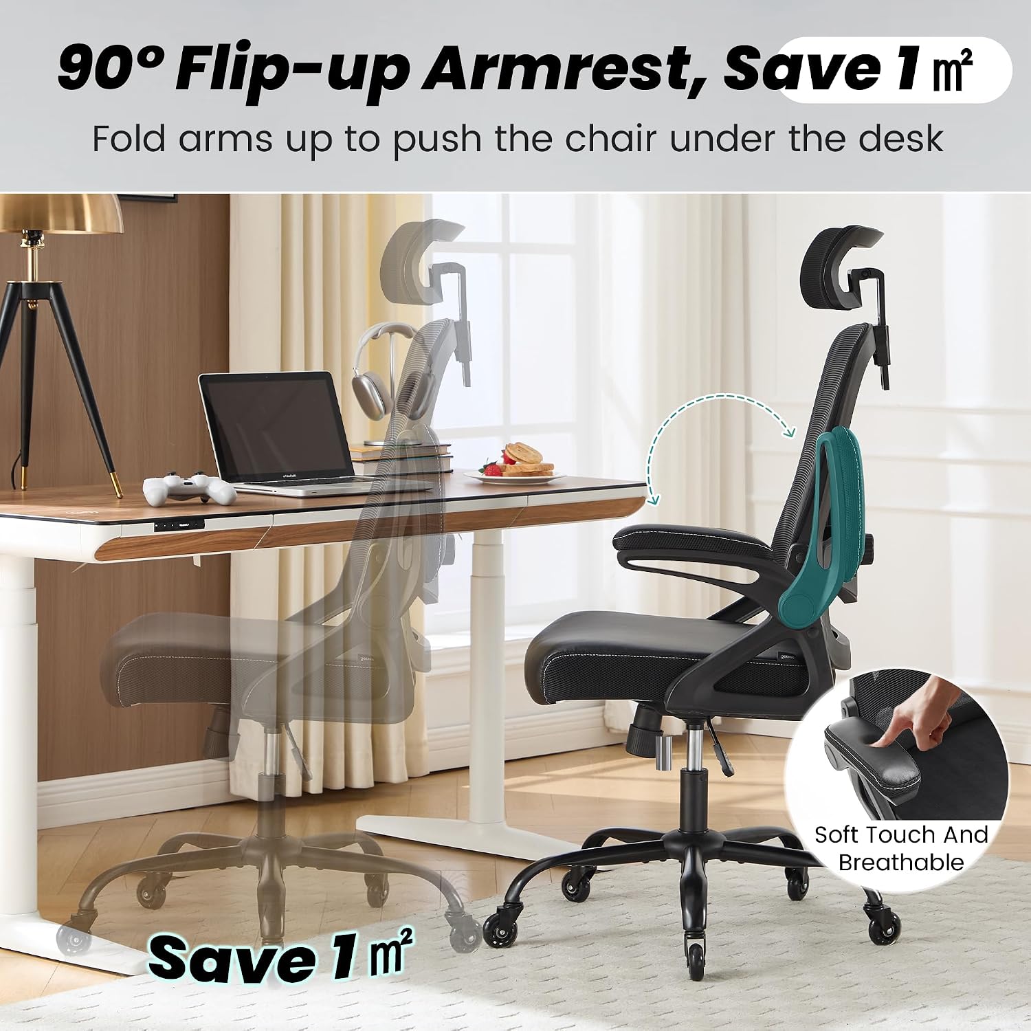 Fizzin Office Chair, Ergonomic Office Chair with Adjustable Headrest Lumbar Support Computer Chair, Desk Chair Comfy with Flip-up Armrests, Gaming Chairs for Adults Home Office (Leather, Black)