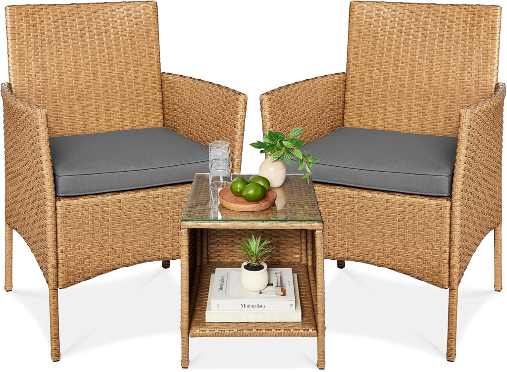 Best Choice Products 3-Piece Outdoor Wicker Conversation Bistro Set, Space Saving Patio Furniture for Garden w/Side Table - Natural/Gray