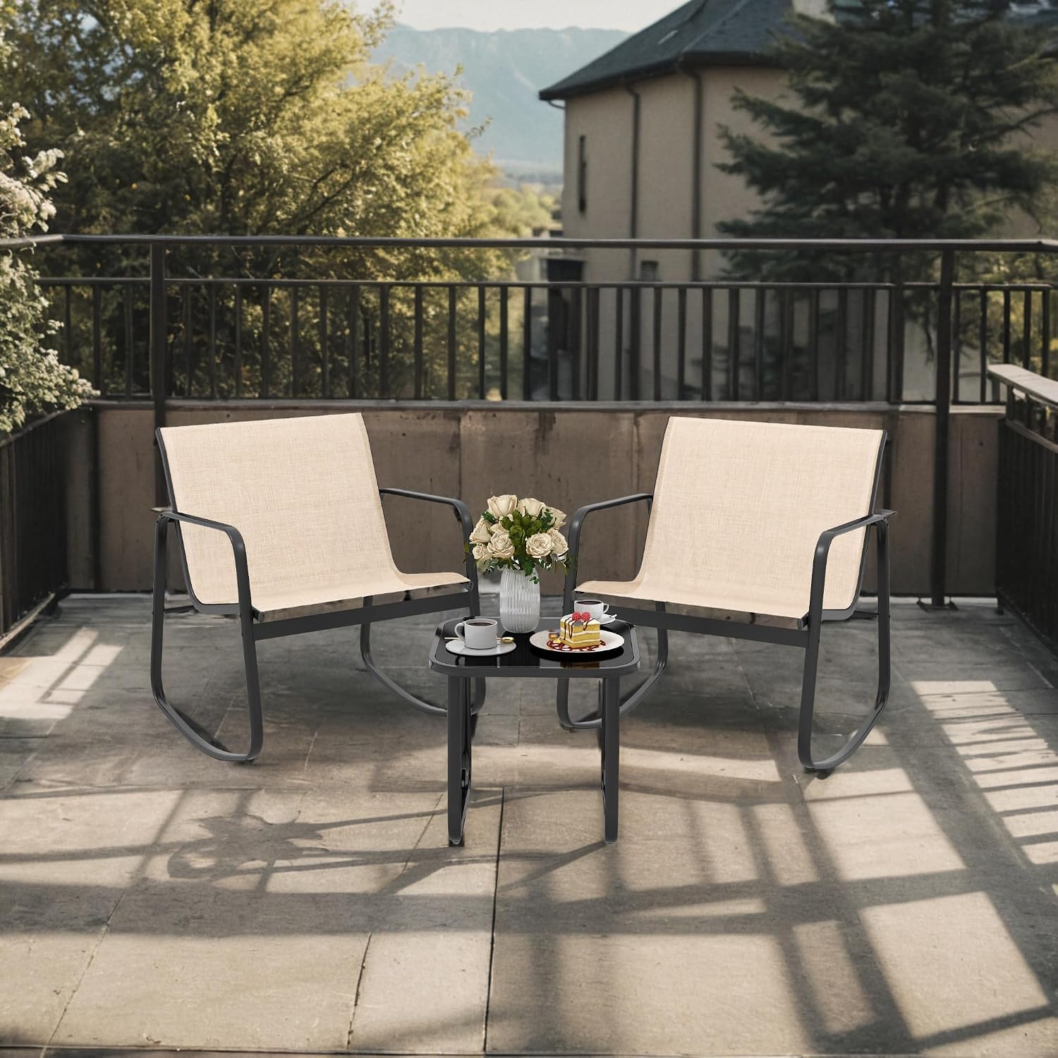 DWVO Brown 3-Piece Patio Bistro Set, Outdoor Textilene Furniture with 2 Rocking Chairs and Coffee Table for Backyard Lawn Garden Balcony Poolside