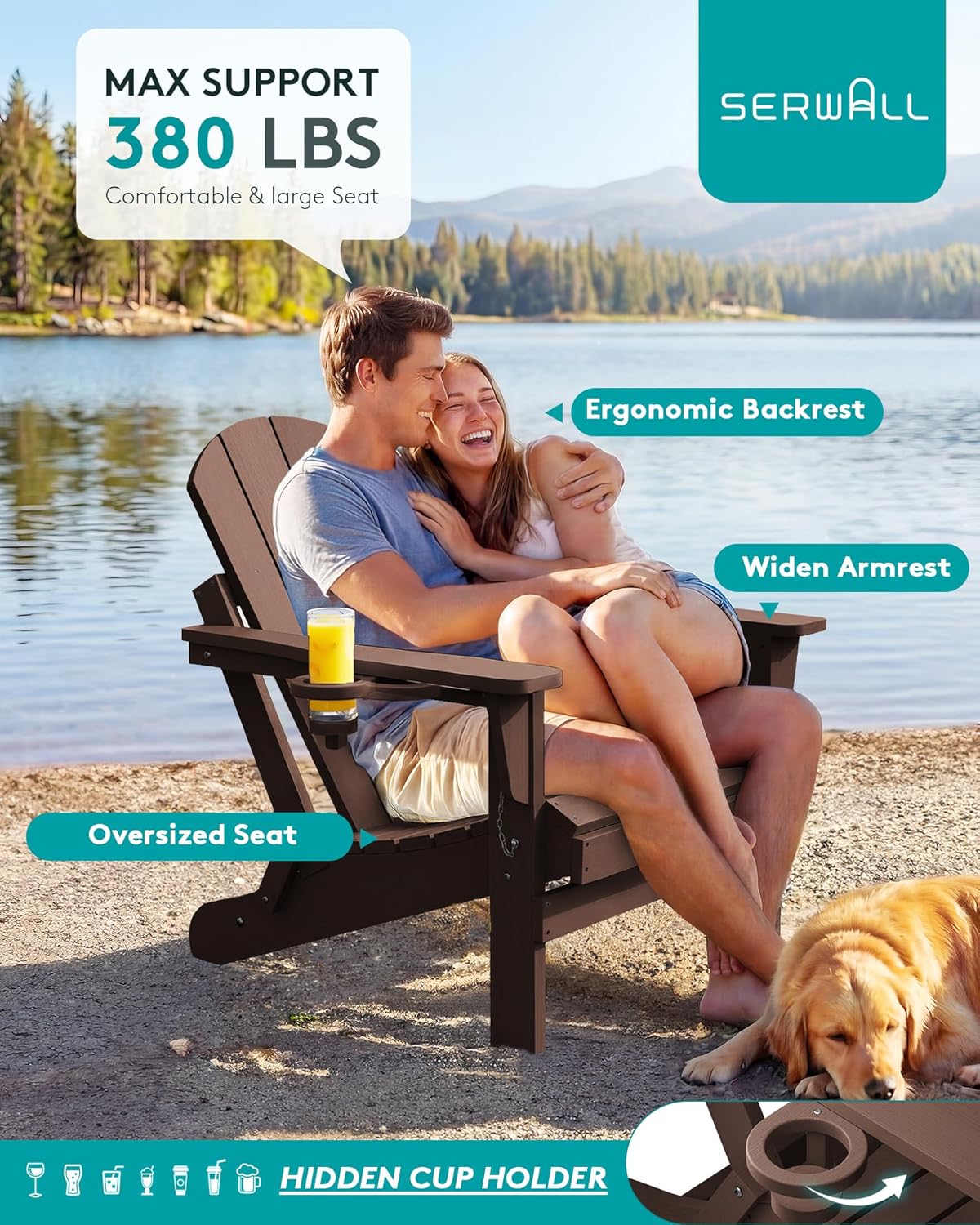 SERWALL Folding Adirondack Chair with Cup Holder for Outdoor, All-Weather Patio Chairs with Wood Texture, Fire Pit Chairs for Deck Porch Garden (Folding Coffee)