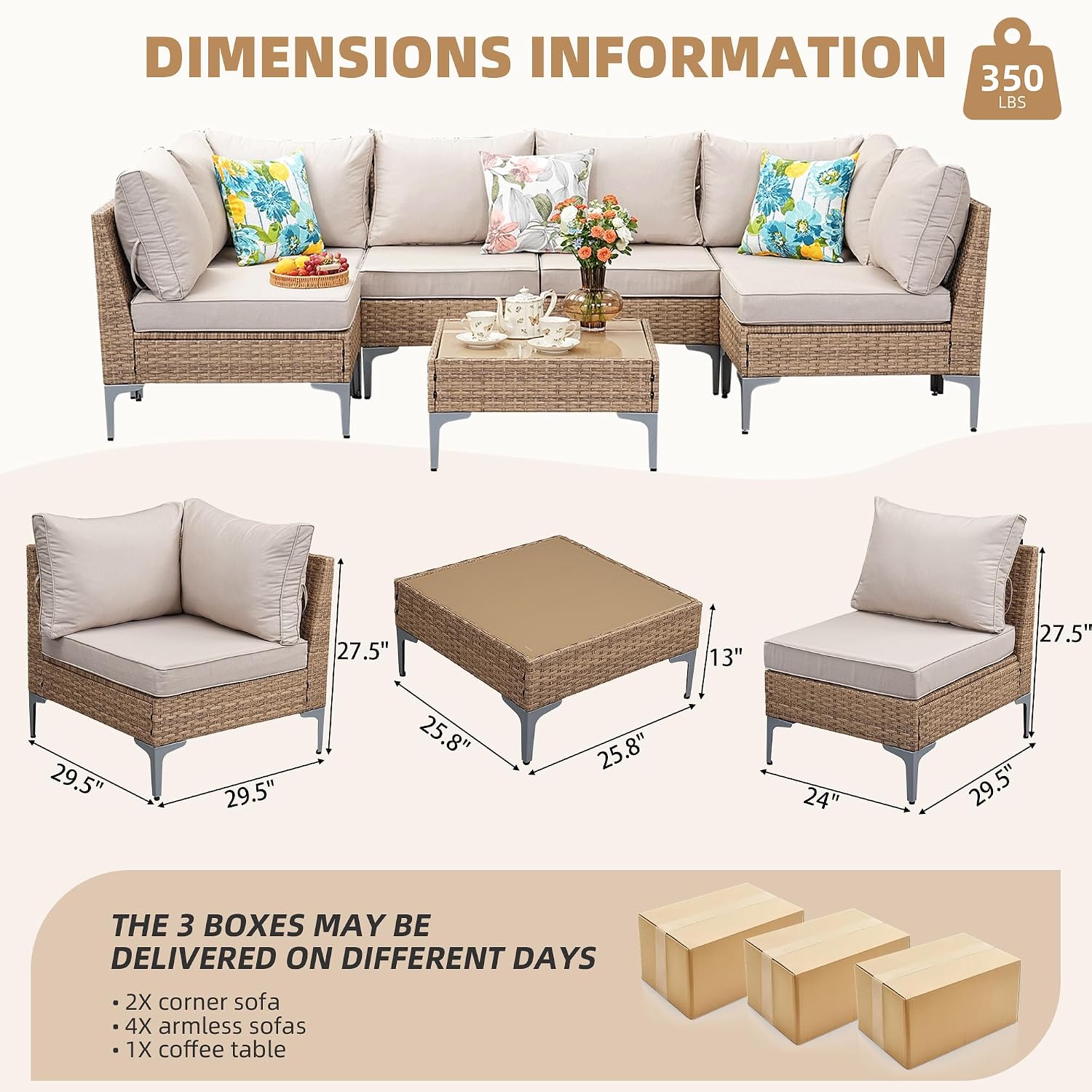 7-Piece Patio Furniture Set, Outdoor Wicker Sectional Sofa with Coffee Table, Anti-Slip & Thick All-Weather Cushions for Party,Garden,Backyard, Beige