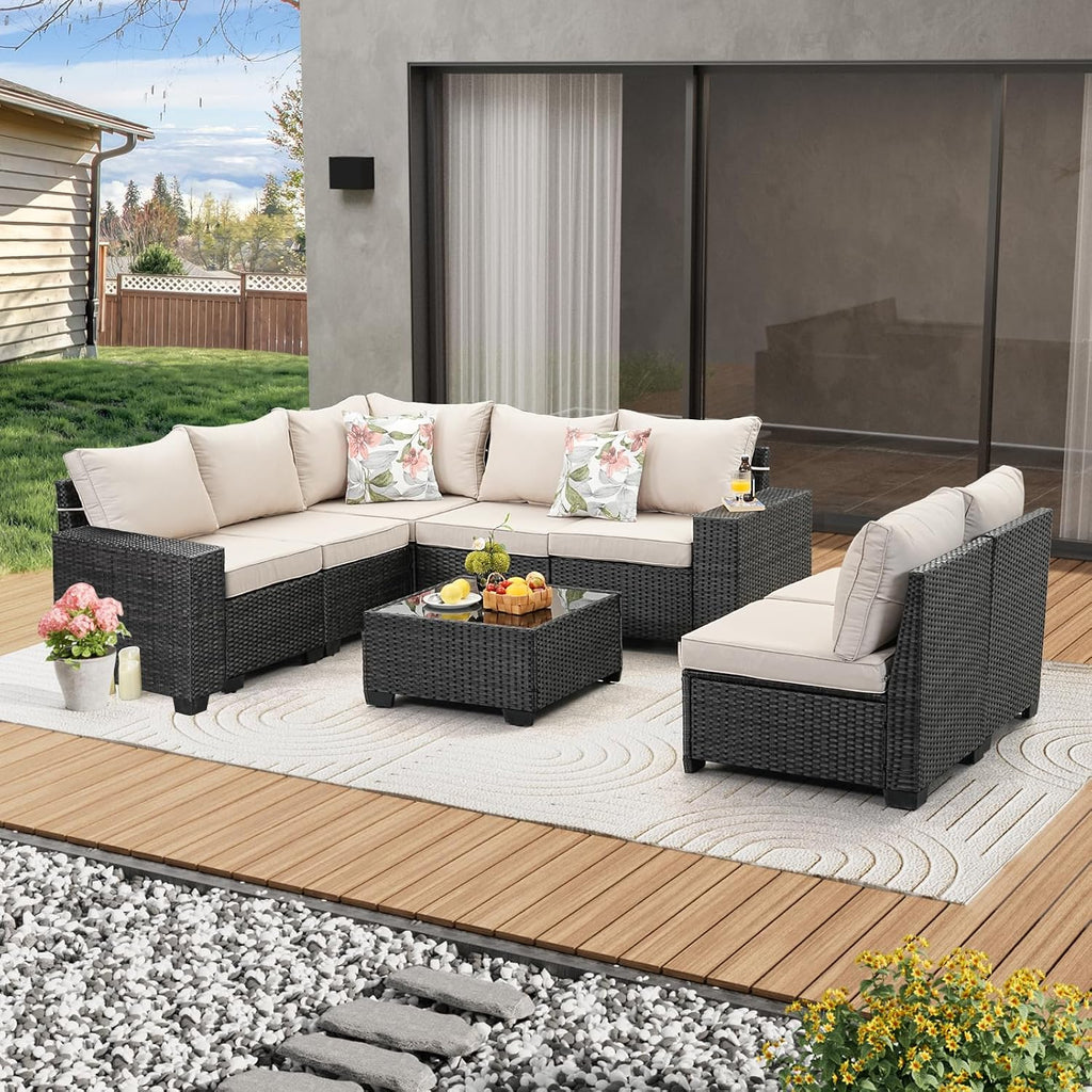 JOYURE 8 Pieces Patio Furniture Set All-Weather Outdoor Wicker Sectional Conversation Sofa Rattan Patio Seating Sofa with Cushion and Glass Table for Porch Poolside,Beige