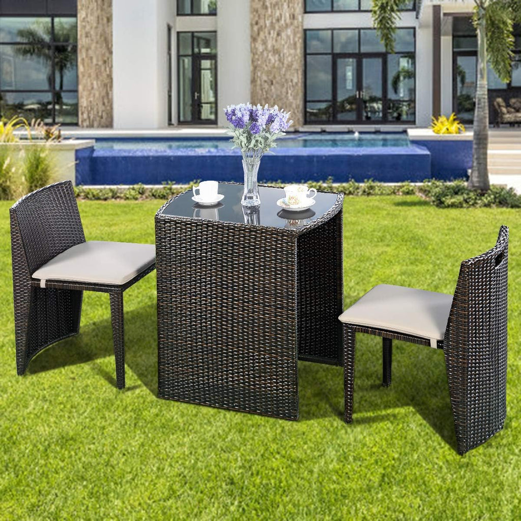 Giantex 3 PCS Cushioned Outdoor Wicker Patio Set Convention Bistro Set Garden Lawn Space Saving Conversation Sofa Furniture No Assembly (Brown)