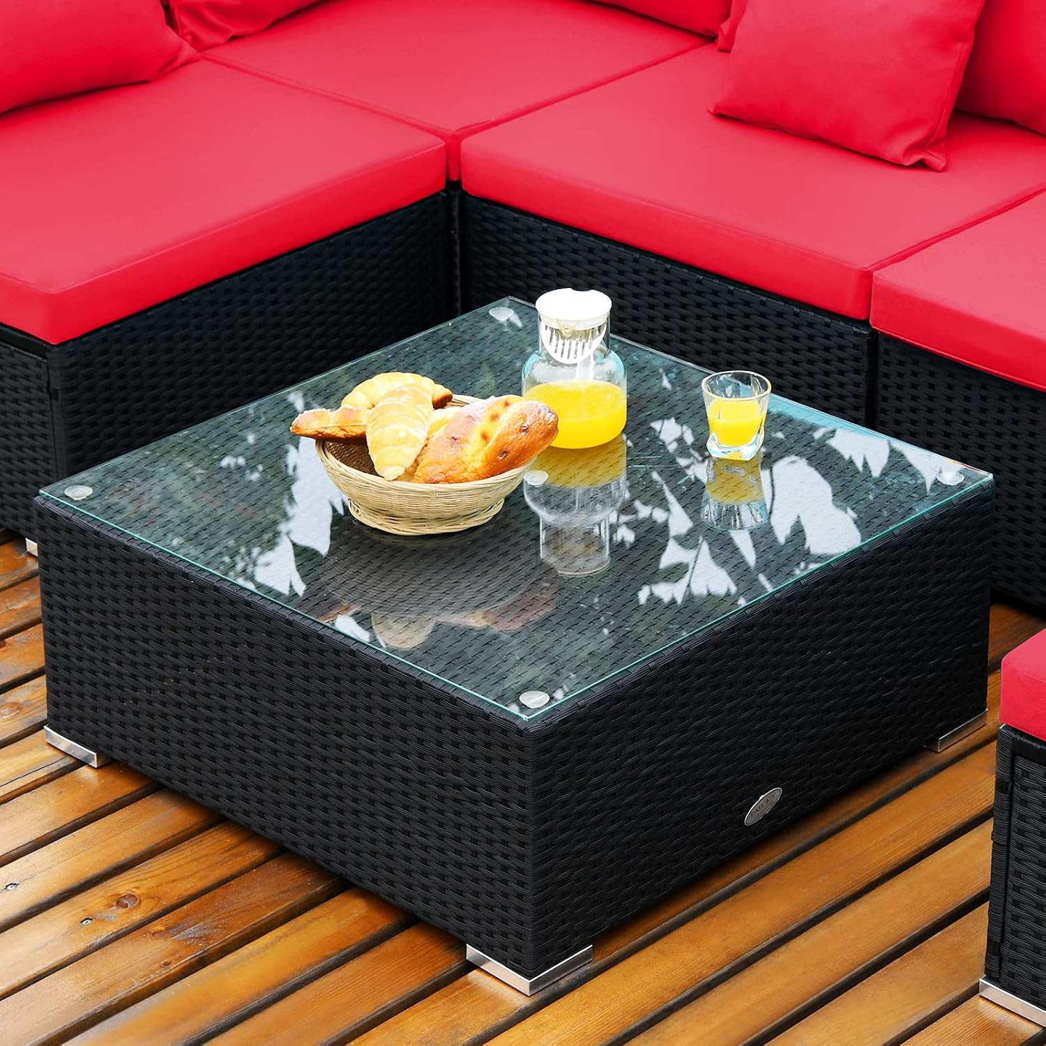 Tangkula 7 Piece Patio Furniture Set, Outdoor Sectional Sofa w/Pillows and Cushions, Wicker Sofa Conversation Set with Coffee Table, Patio Sofa and Tea Table Set for Garden, Lawn (Red)