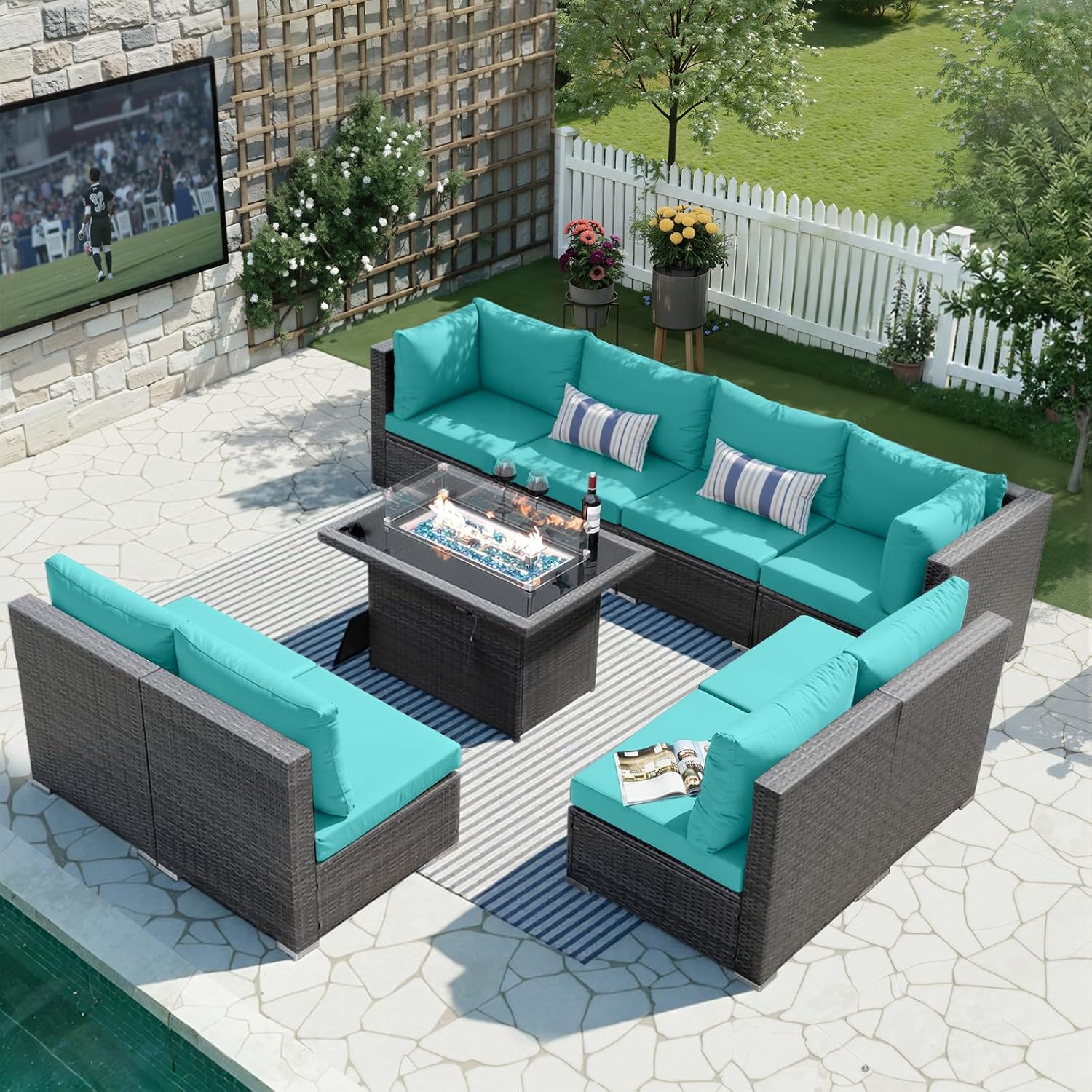 BULEXYARD 9 Pieces Highback Wicker Patio Furniture Set with Firepit, High Weight Capacity Outdoor Sectional Couch Sofa 8-Seater Modular, Plus Comfortable Wide Deep Deck Seating Group, Grey & Turquoise