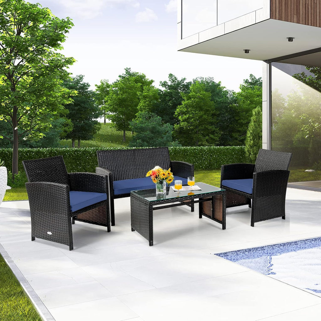 COSTWAY Patio Furniture Set 4 Pieces, Outdoor Wicker Chairs Sofa w/Coffee Table and Soft Cushions, Rattan Conversation Sets for Patio Lawn Backyard Yard Pool Garden, Navy