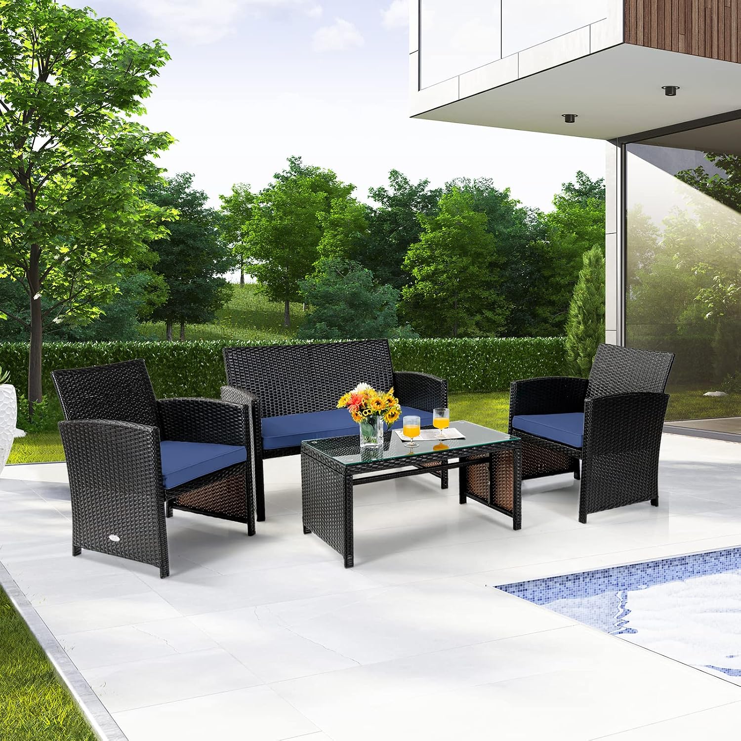 COSTWAY Patio Furniture Set 4 Pieces, Outdoor Wicker Chairs Sofa w/Coffee Table and Soft Cushions, Rattan Conversation Sets for Patio Lawn Backyard Yard Pool Garden, Navy