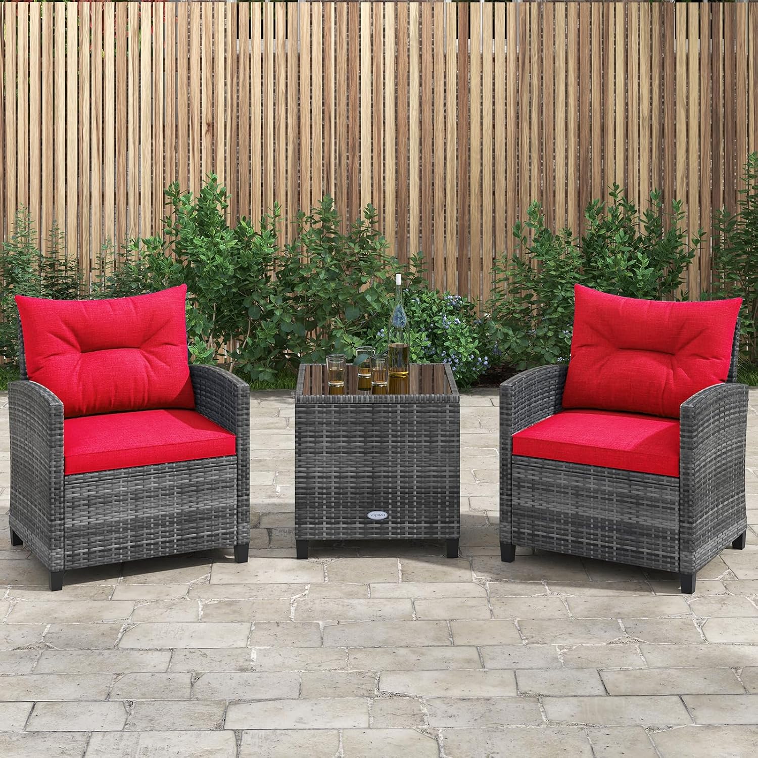KOTEK 3 Piece Patio Furniture Set, Outdoor PE Rattan Conversation Set with Washable Cushions & Tempered Glass Tabletop, Wicker Chairs and Table Set for Porch, Garden, Balcony (Red)