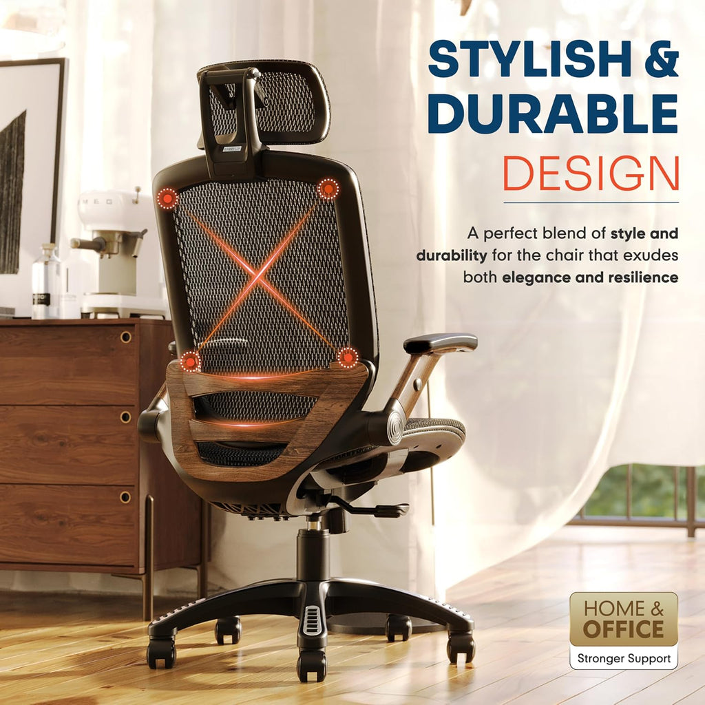 GABRYLLY Ergonomic Office Chair, High Back Home Desk Chair with Headrest, Flip-Up Arms, 90-120° Tilt Lock and Wide Cushion, Big and Tall Mesh Chairs for Man Woman, Black Task Chair(Dark Woodgrain)