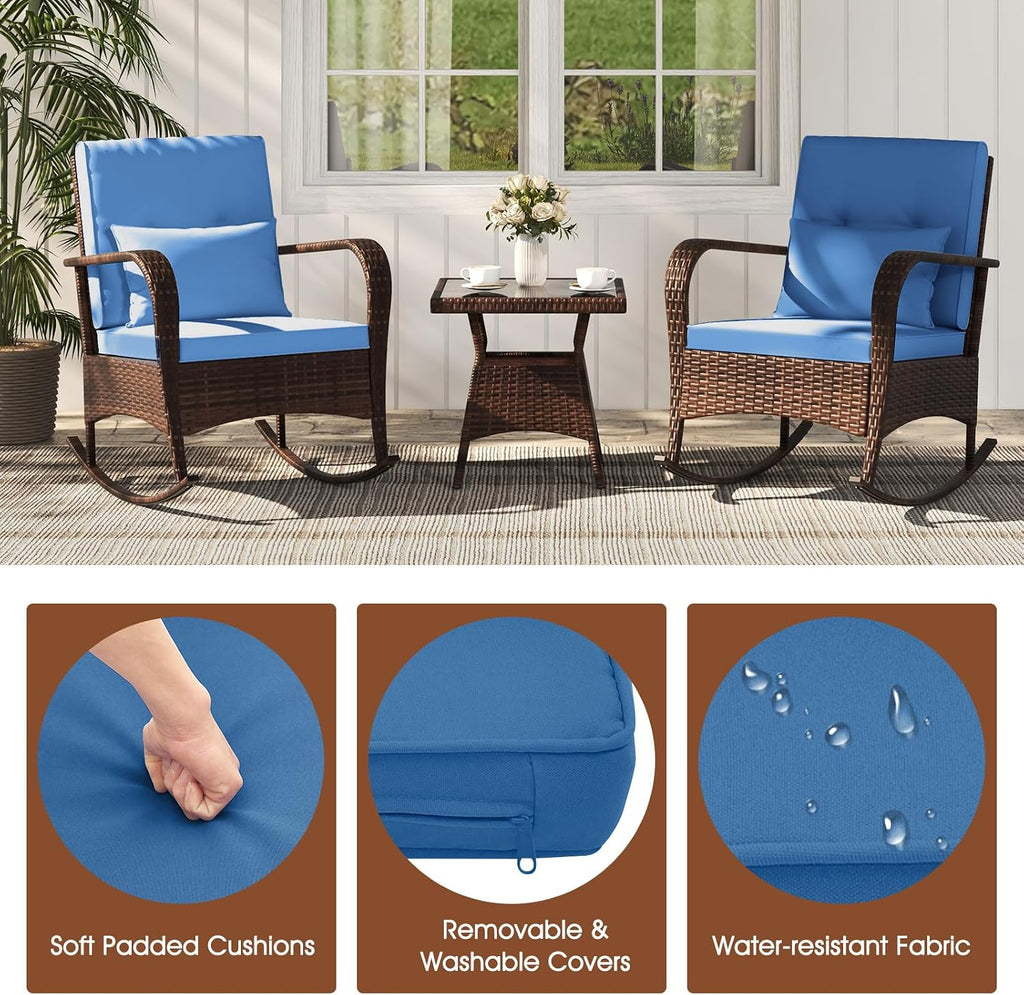 ORALNER 3 Pieces Patio Furniture Set, Outdoor Wicker Rocking Chairs with Cushions, Pillows, Glass Coffee Table, Rattan Bistro Rocker Set for Balcony Front Porch Poolside Garden Deck Yard (Navy)