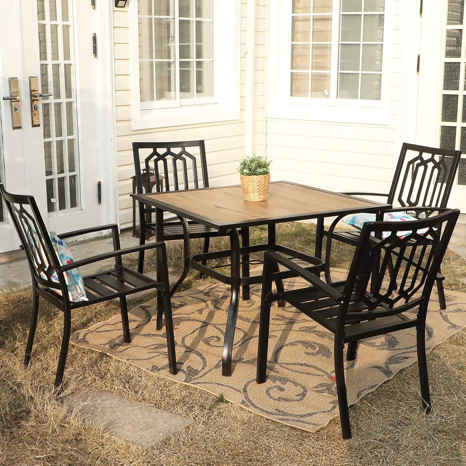 PHI VILLA 5 Piece Patio Dining Set Metal Outdoor Table and Chairs Furniture Set, 37' Square Bistro Table with Umbrella Hole and 4 Backyard Garden Chairs Support 300LBS for Deck, Lawn, Garden