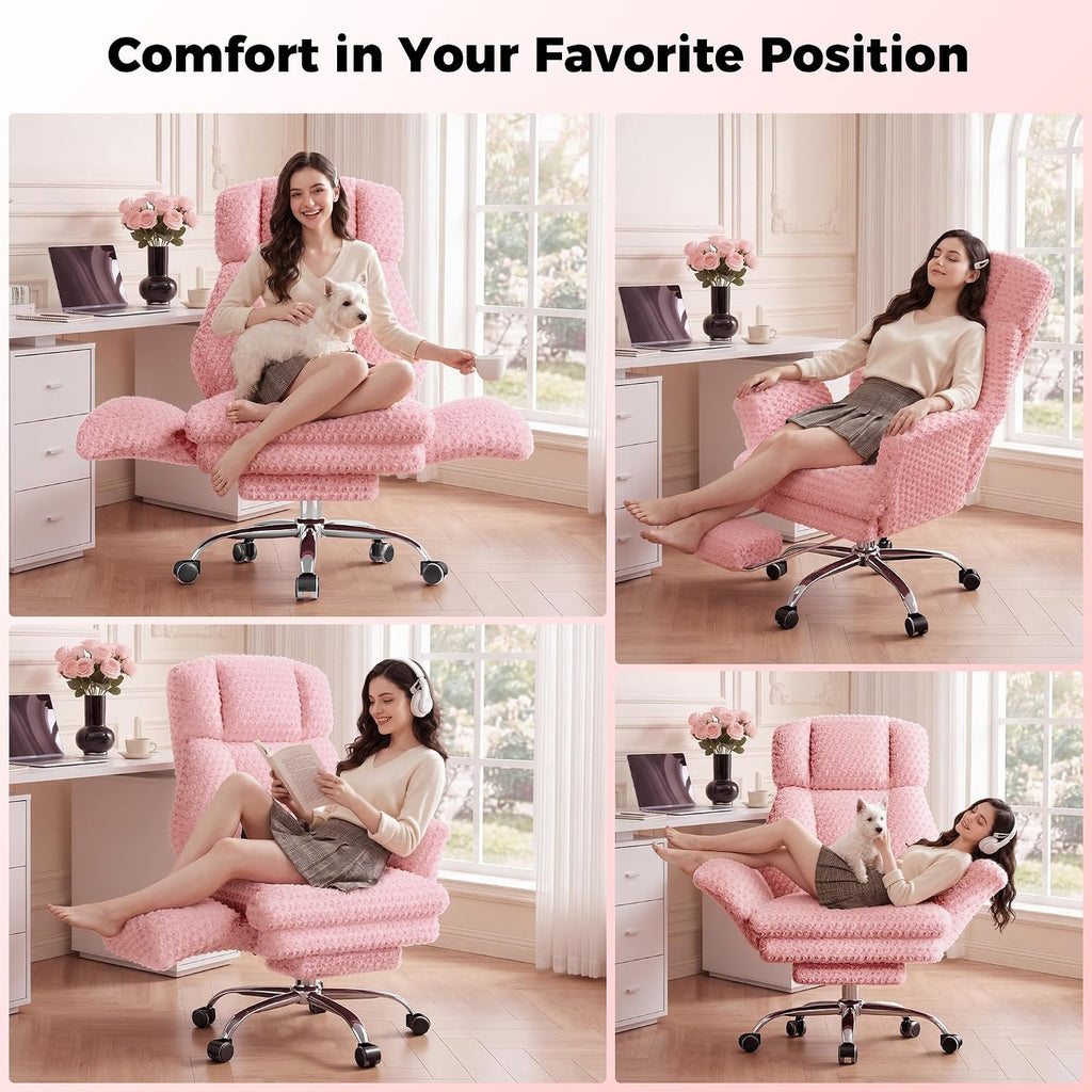 HOMRELEXA Big and Tall Office Chair, Flip Armrests for Pets & Cross Legged Sitting, Executive Ergonomic Computer Gaming Chair with Foot Rest, Rose Velvet Pink Wide Seat Reclining Desk Chair