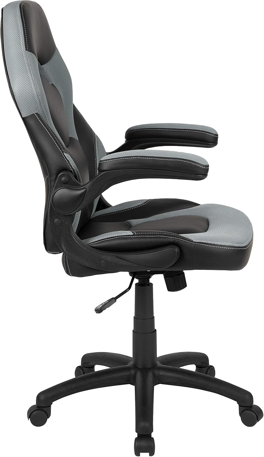 Flash Furniture X10 High-Back LeatherSoft Racing Style Gaming Chair with Flip-Up Arms, Ergonomic Padded Swivel Computer Chair, Gray/Black
