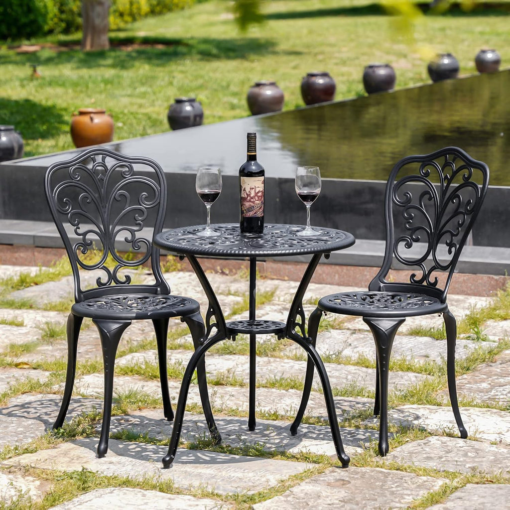 Outdoor Bistro Set 3 Piece Patio Bistro Set, Cast Aluminum Bistro Table and Chairs Set of 2, Small Patio Table Set for Porch, Black