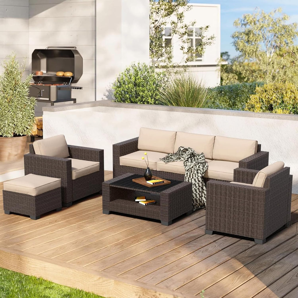 YLGJ&TIDY 7 PCS Outdoor Wicker Furniture Set Sectional Rattan Sofa Couch with Thick Cushions Glass Top Coffee Table Patio Conversation Set for Garden Backyard (Dark Brown Rattan & Khaki)