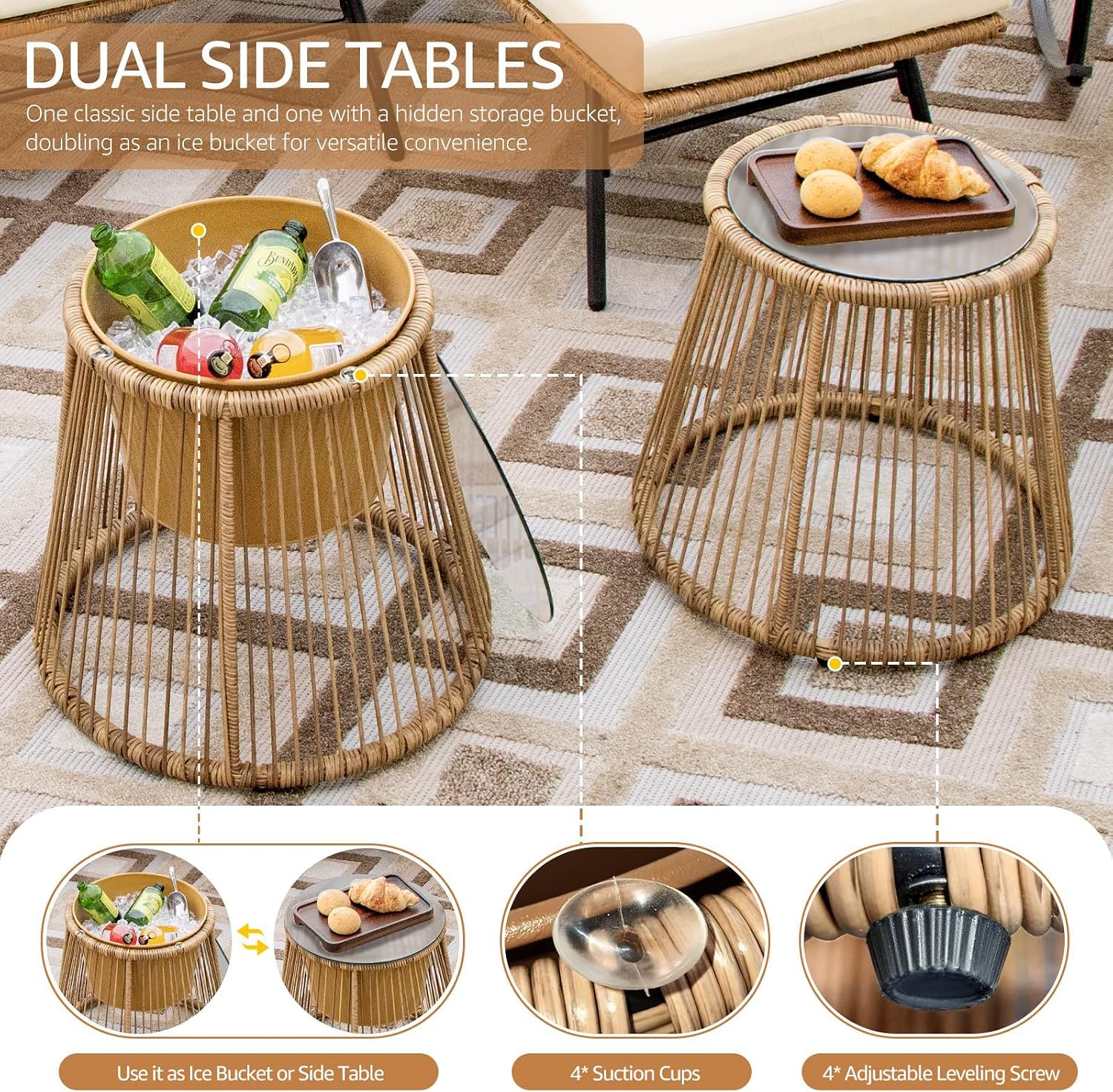 NICESOUL® 6 Pcs Boho Outdoor Patio Furniture Set, High Back L-Shaped Outdoor Couch with Ice Bucket Table, Sturdy Comfy Wicker Sectional Sofa for Garden Balcony Deck Porch or Backyard, Beige