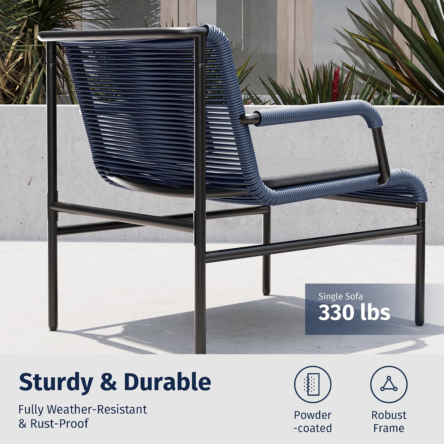 East Oak 3-Piece Patio Furniture Set, Outdoor Bistro Set with PE Rattan Wicker Wide Chairs, Soft Cushions & Coffee Table, Modern All-Weather Wicker Patio Set for Garden and Porch, Navy Blue