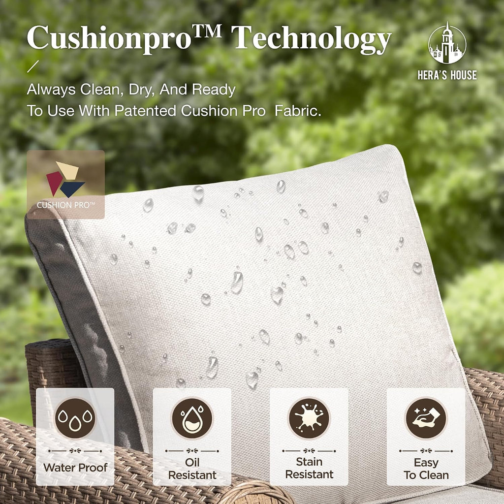 HERA'S HOUSE 5 Pieces Patio Furniture Set, All Weather 7 Seats Outdoor Wicker Sofa with Ottoman, 5.5' Thick Waterproof Cushion Conversation Set for Garden Deck Backyard, Beige