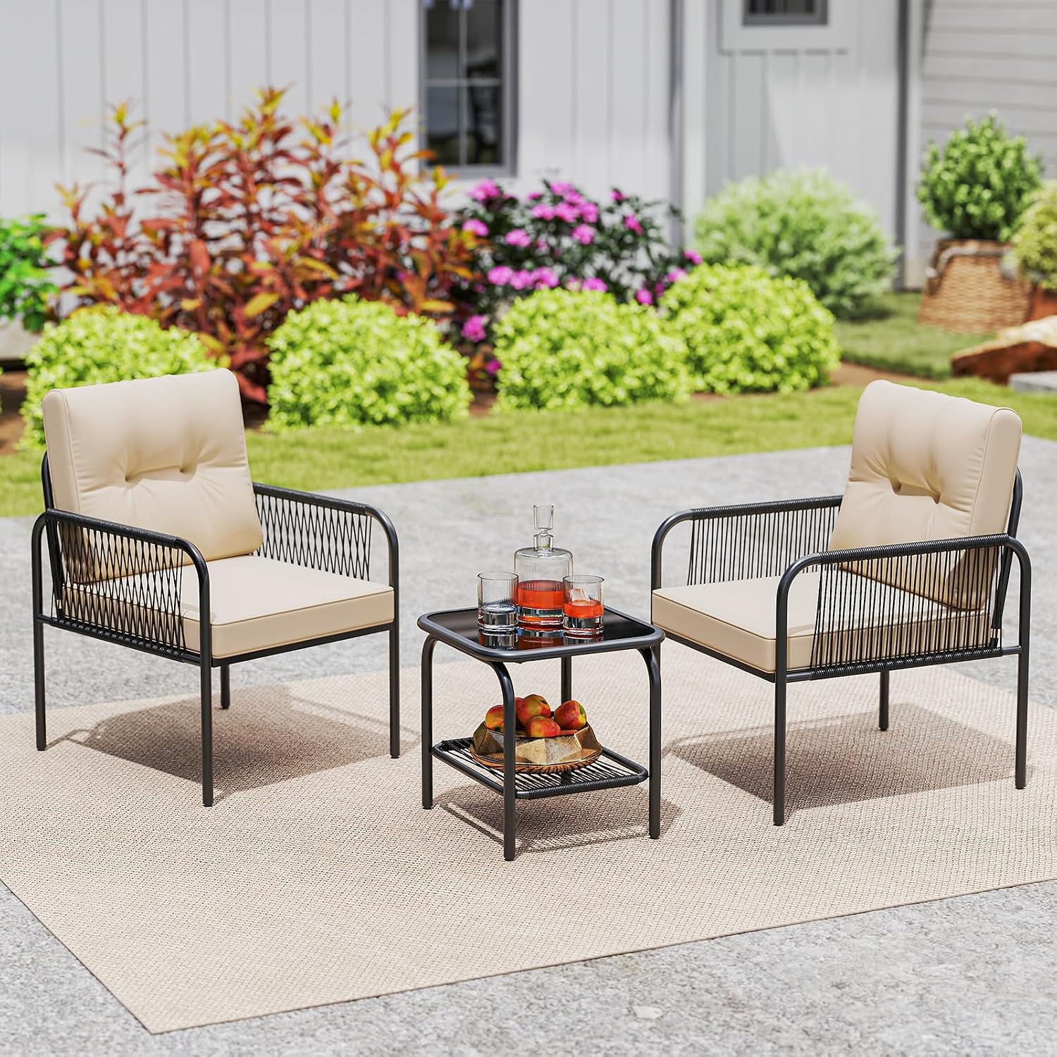 Tangkula 3 Pieces Patio Bistro Set, PE Rattan Furniture Set with Tempered Glass Table, Chairs, Back and Seat Cushions, Outdoor Wicker Conversation Set for Porch, Backyard, Garden and Poolside