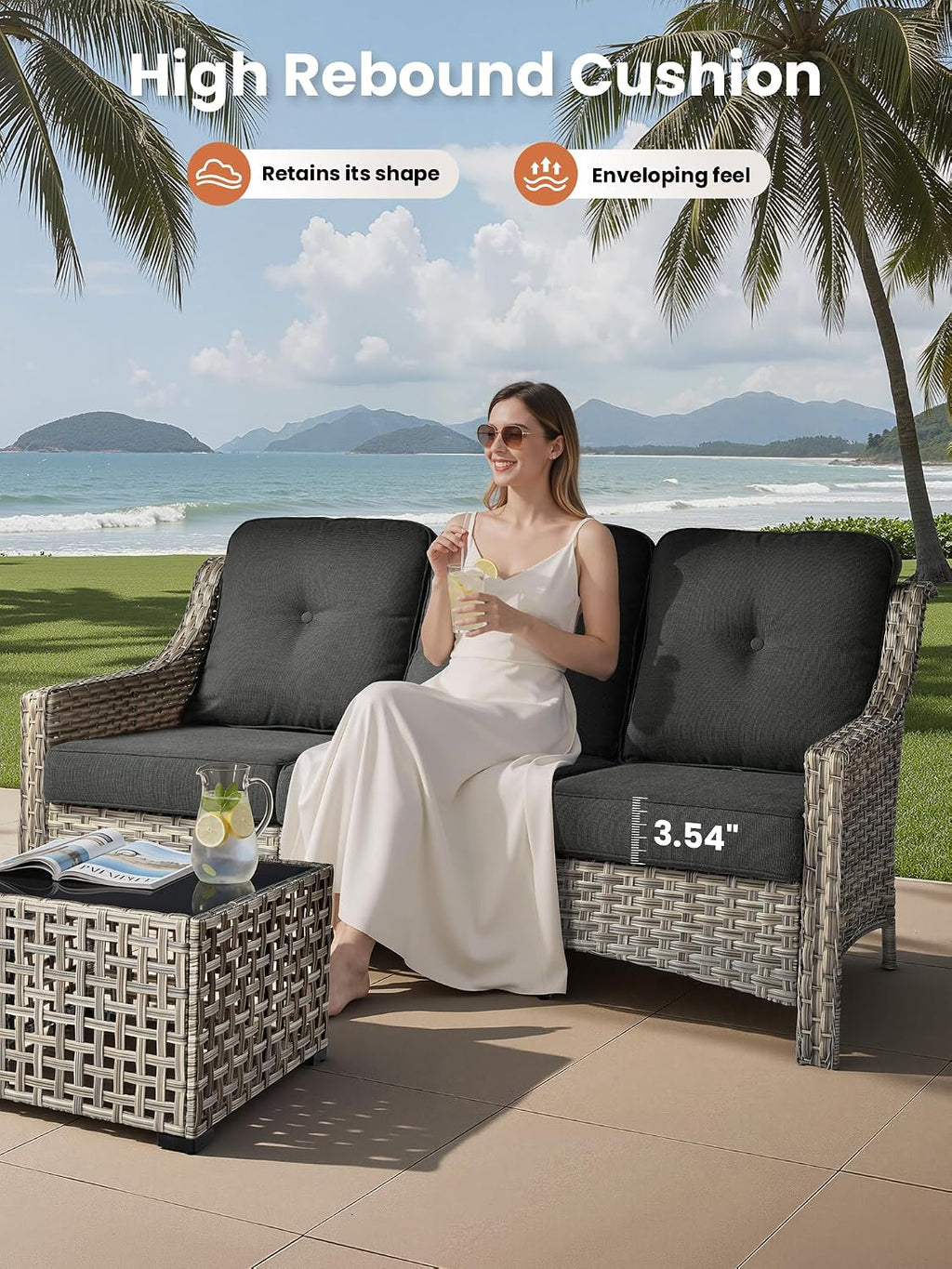 ovios 5 Piece Outdoor Patio Furniture with 3 Seat Sofa,Rattan Wicker Coversation Set with Swivel Rocking Chair,Balcony Sofa Set with Shiny Table for Outside Porch Backyard Pool, Black