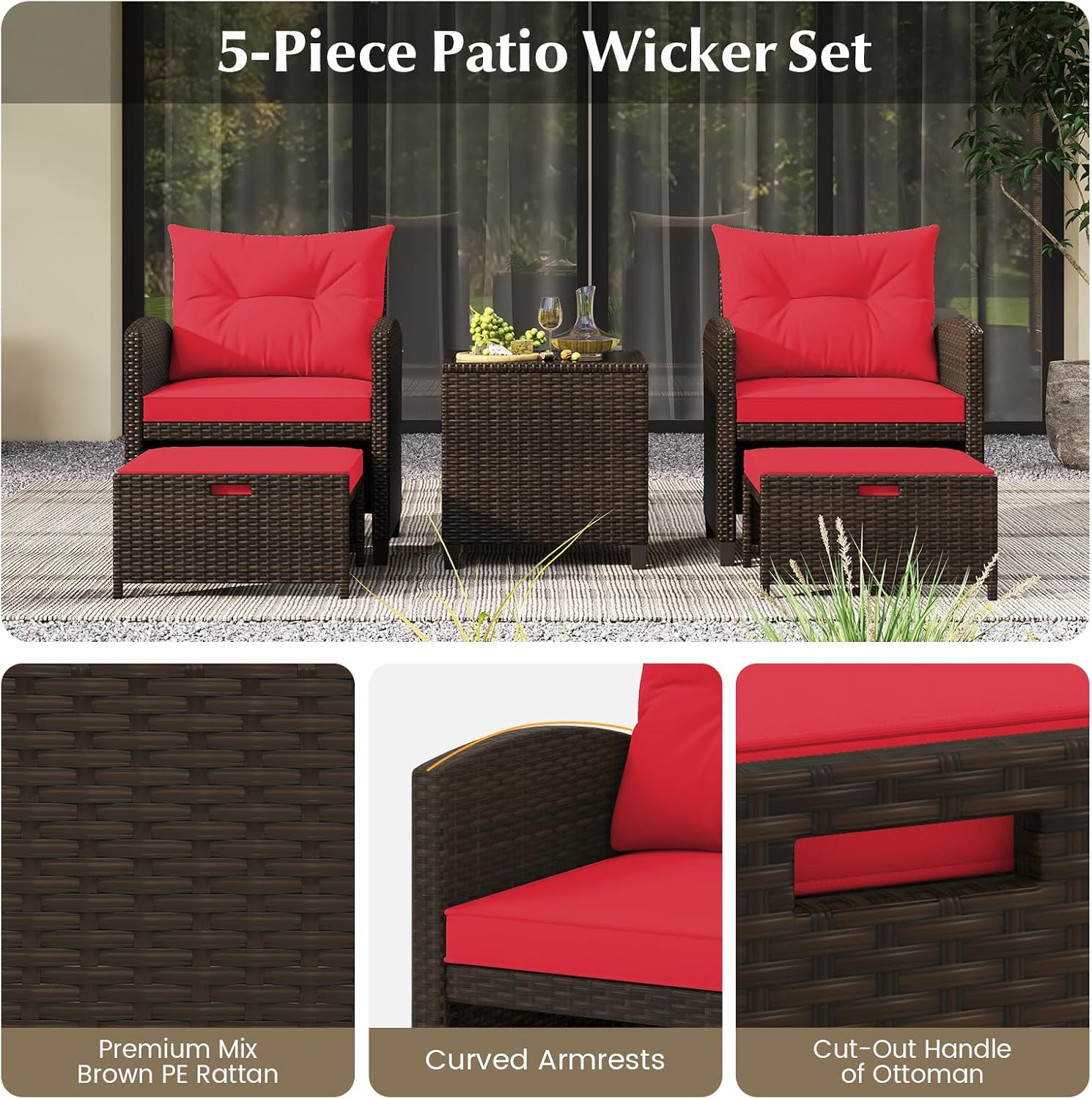 KOTEK 5 Pieces Patio Furniture Set with Ottomans, Wicker Patio Conversation Set with Coffee Table & Cushions, PE Rattan Outdoor Lounge Chairs for Backyard, Porch, Poolside (Mix Brown- Red)