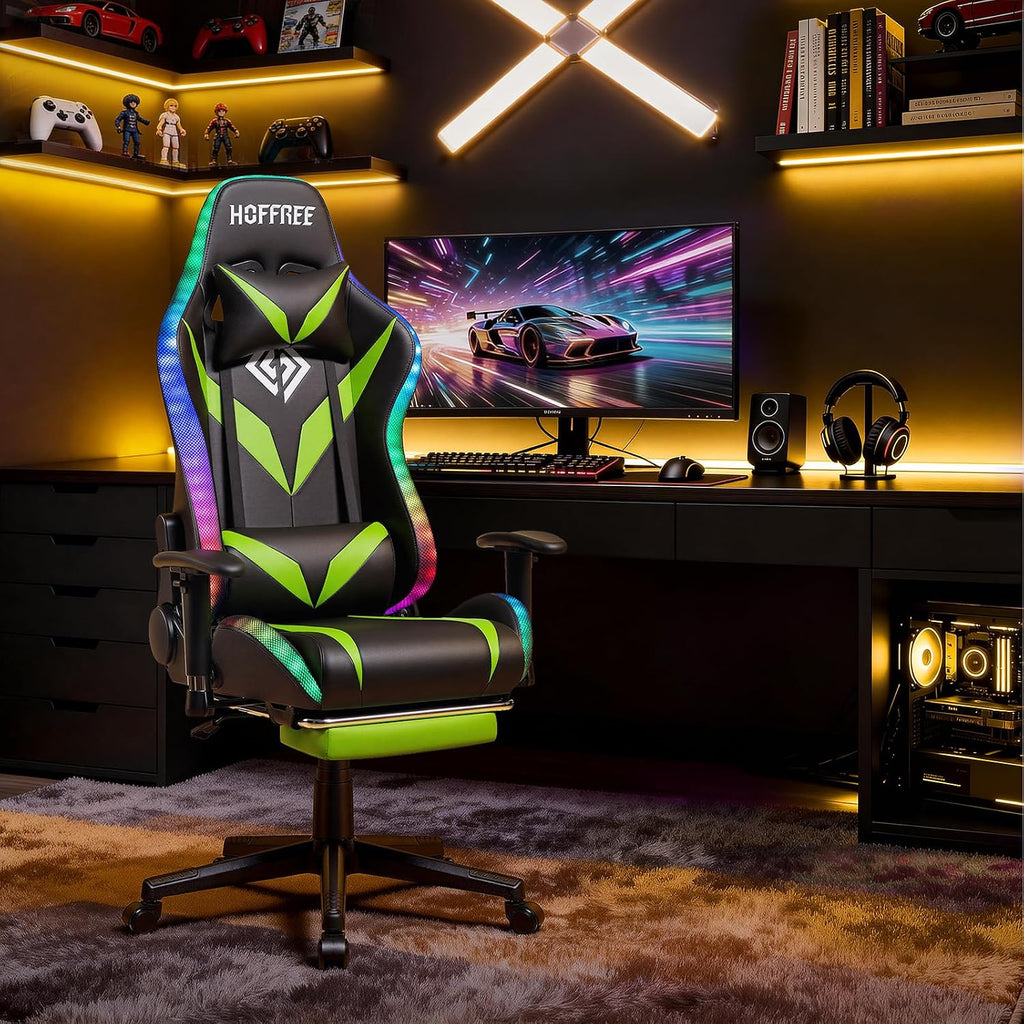 HOFFREE Gaming Chair with Bluetooth Speakers and Led Lights Massage Video Game Chair with Footrest Reclining High Back Computer Gamer Chair Green and Black