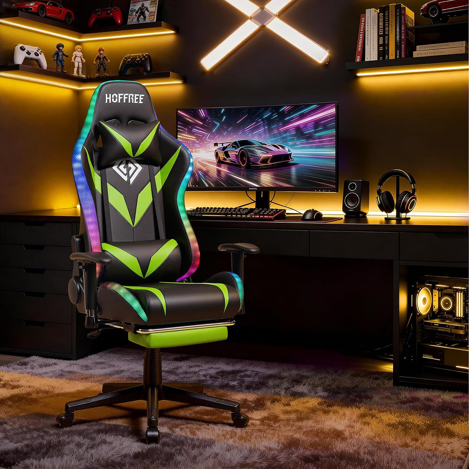 HOFFREE Gaming Chair with Bluetooth Speakers and Led Lights Massage Video Game Chair with Footrest Reclining High Back Computer Gamer Chair Green and Black